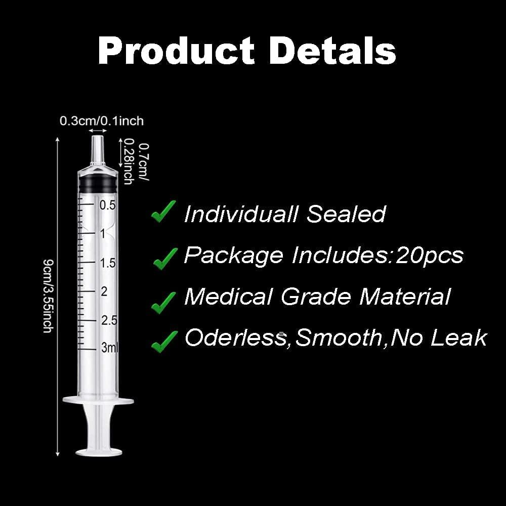 20 Pack 3Ml/Cc Plastic Syringe Liquid Measuring Syringe Tools Individually Sealed with Measurement for Scientific Labs, Measuring Liquids, Feeding Pets, Oil or Glue Applicator image number 6