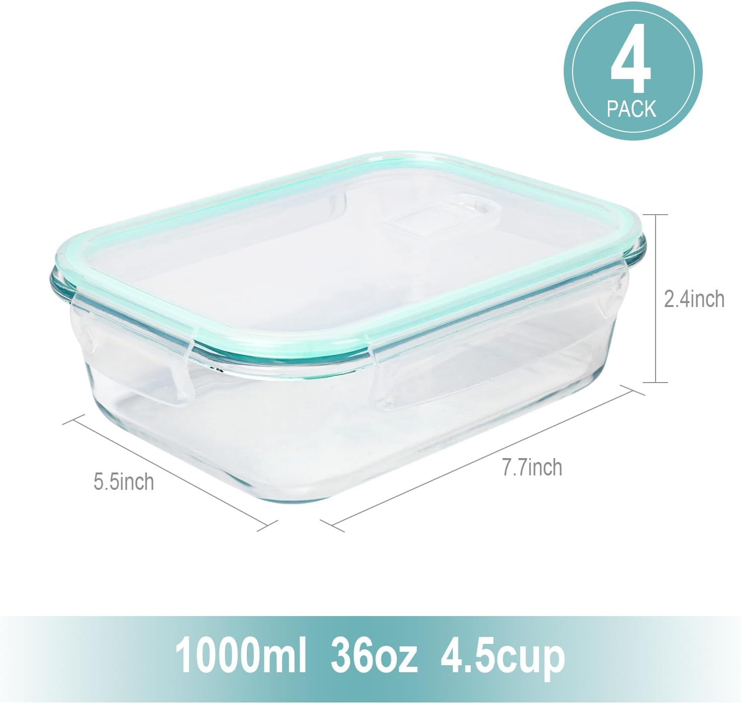 BEWAVE Glass Food Storage Containers with Snap Locking Lids, 4 Pack 1000Ml Meal Prep Container, BPA Free& Leak Proof