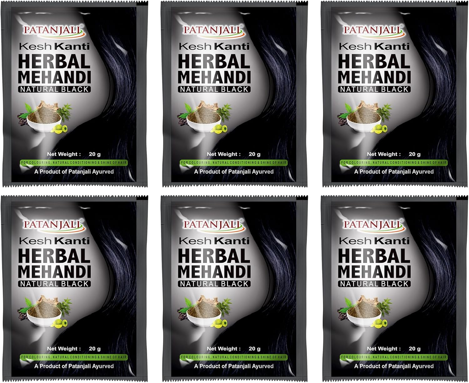 Patanjali Kesh Kanti Herbal Mehndi, 20G - Natural Black (Pack of 6) image number 1
