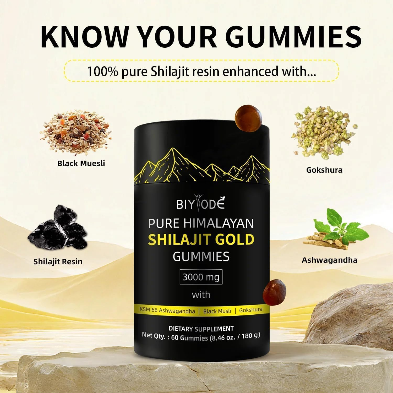 FIME Pure Himalayan Shilajit Gummies Gold - 60 Count - Lab Tested Shilajit Gummies for Men & Women - No Added Sugar, Non-Gmo - with Fulvic Acid & 85+ Trace Minerals - Boost Energy & Vitality