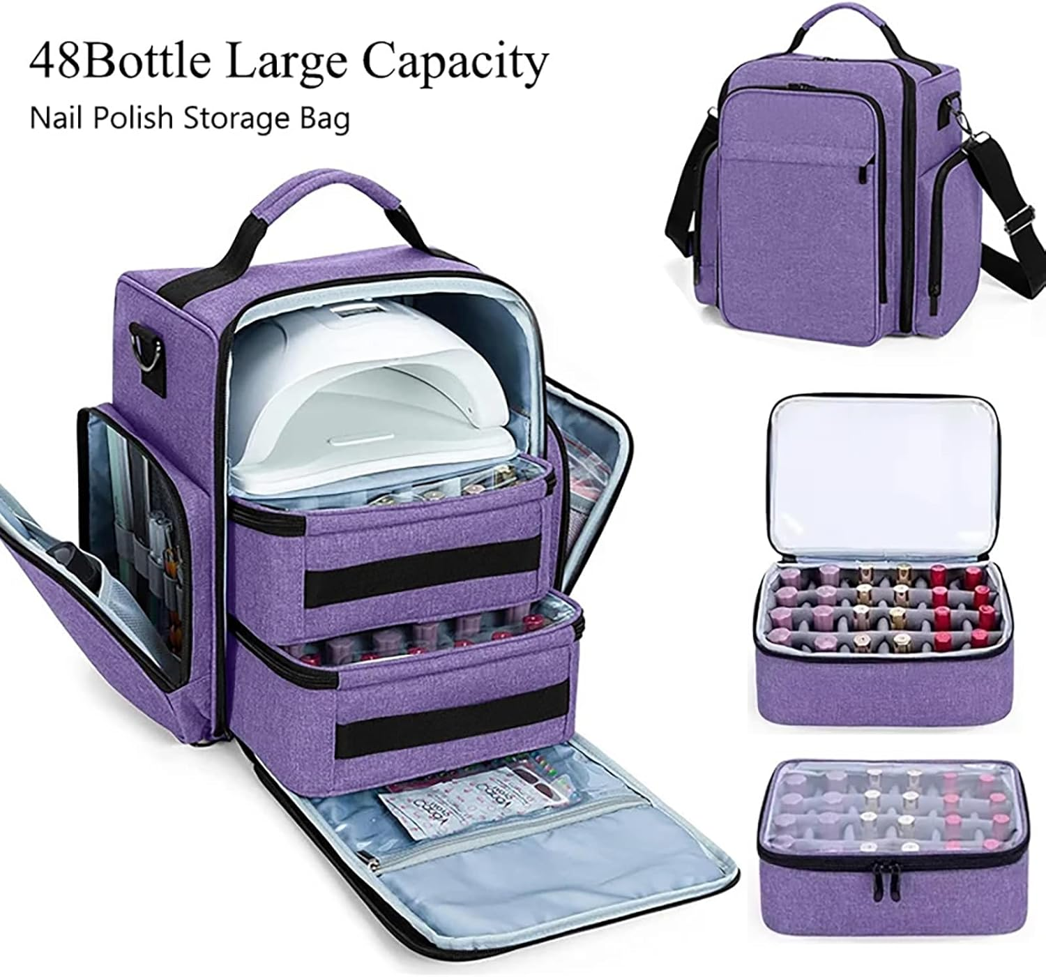 Nail Polish Bag Large Travel Makeup Bag with 3 Inner Removable Pouches, Hair Bag Cosmetic Bag with Detachable Dividers, Professional Manicure Kit,Purple image number 2