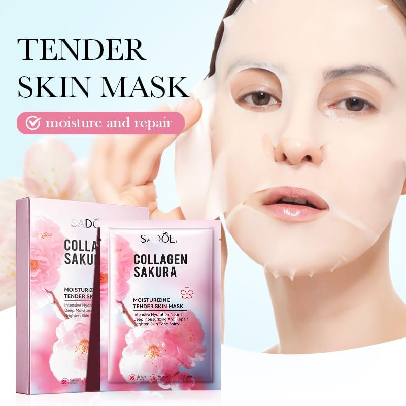 10Pcs Sakura Collagen Mask, Moisturising & Refreshing, Tender Skin Mask, Strengthening Barrier, Replenishing Moisture