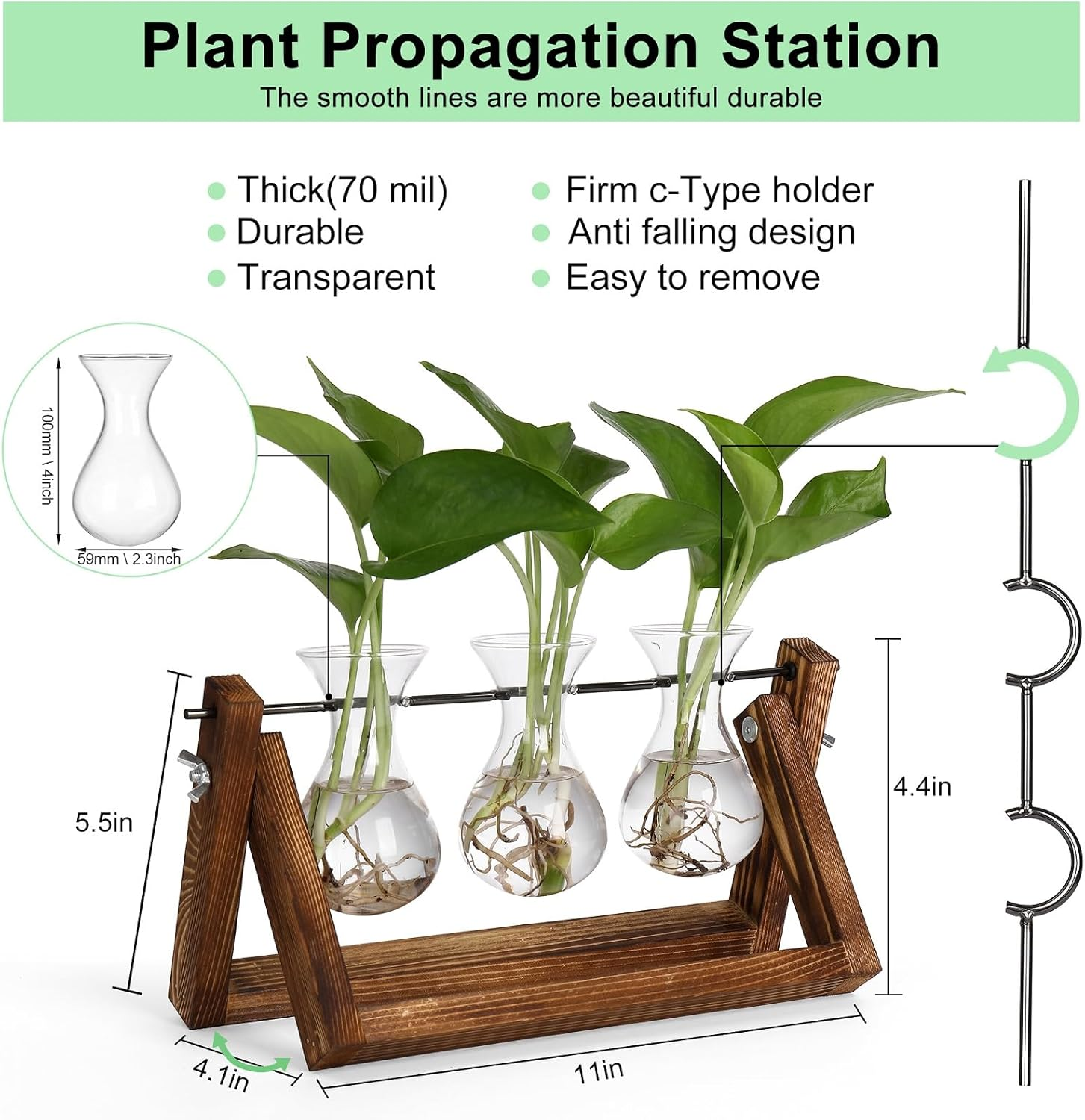 YIBOT Propagation Stations,Plant Terrarium with Retro Wooden Stand,Unique Gardening Birthday Gifts for Women Plant Lovers,Hydroponics Plants Home Office Garden Decor-3 Bulb Glass Vases image number 6