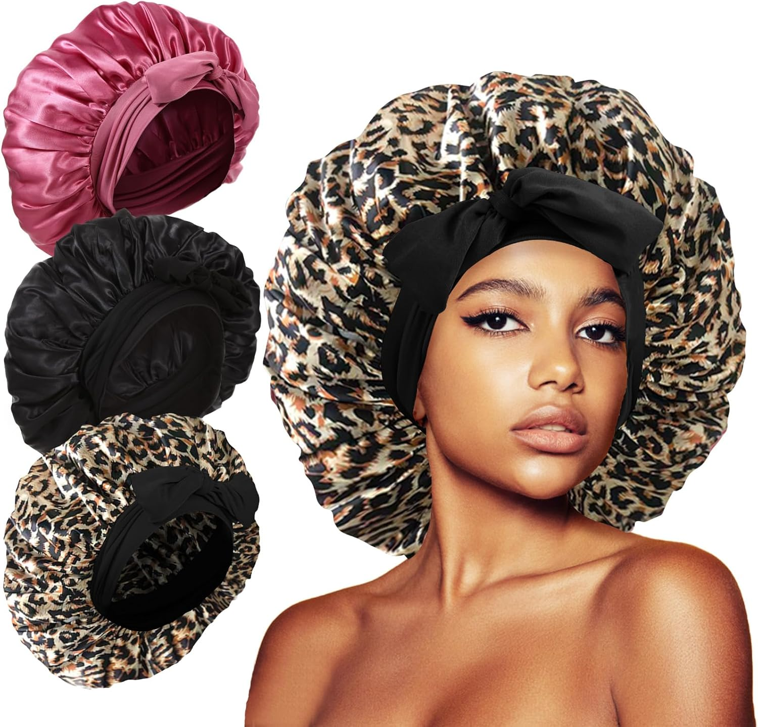 3Pcs Bonnet Silk Bonnet for Sleeping, Satin Bonnet for Sleeping Extra Large Hair Bonnets for Sleeping Shower Cap