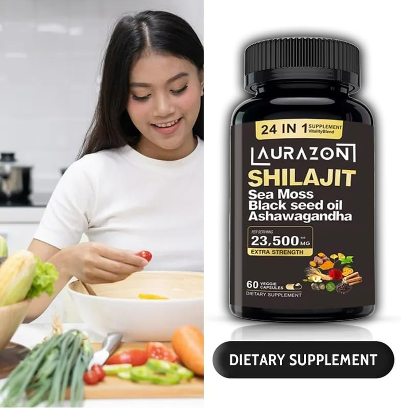Aurazon Pure Himilayan Shilajit Enriched with Ashwagandha,Sea Moss,Black Seed Oil & Rhodiola Rosea, High Strength 23500 Mg Shilajit Complex Capsules with 2 Months Supply for Both Men and Women image number 1