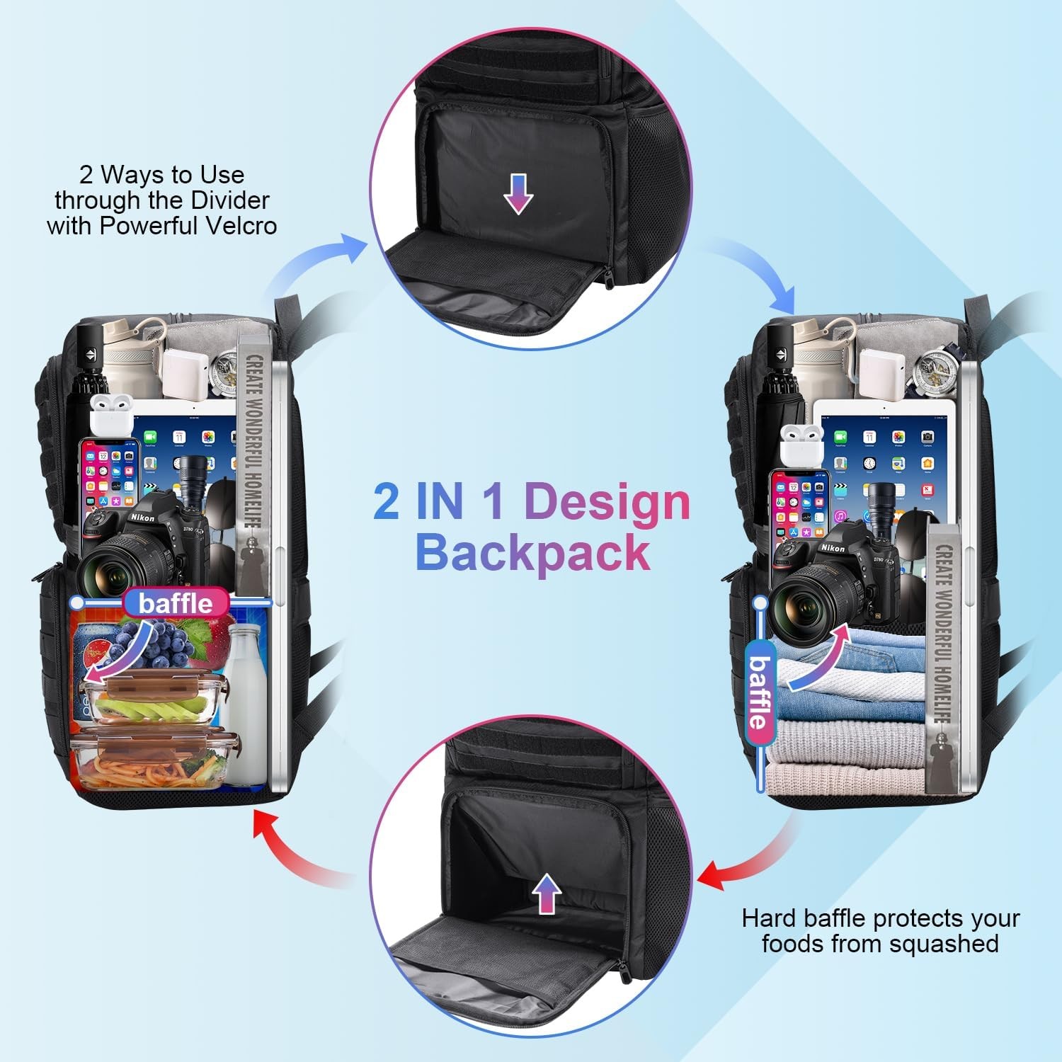 BERTASCHE Backpack with Lunch Box for Men, Black, L-15.6 Inch, Modern image number 2