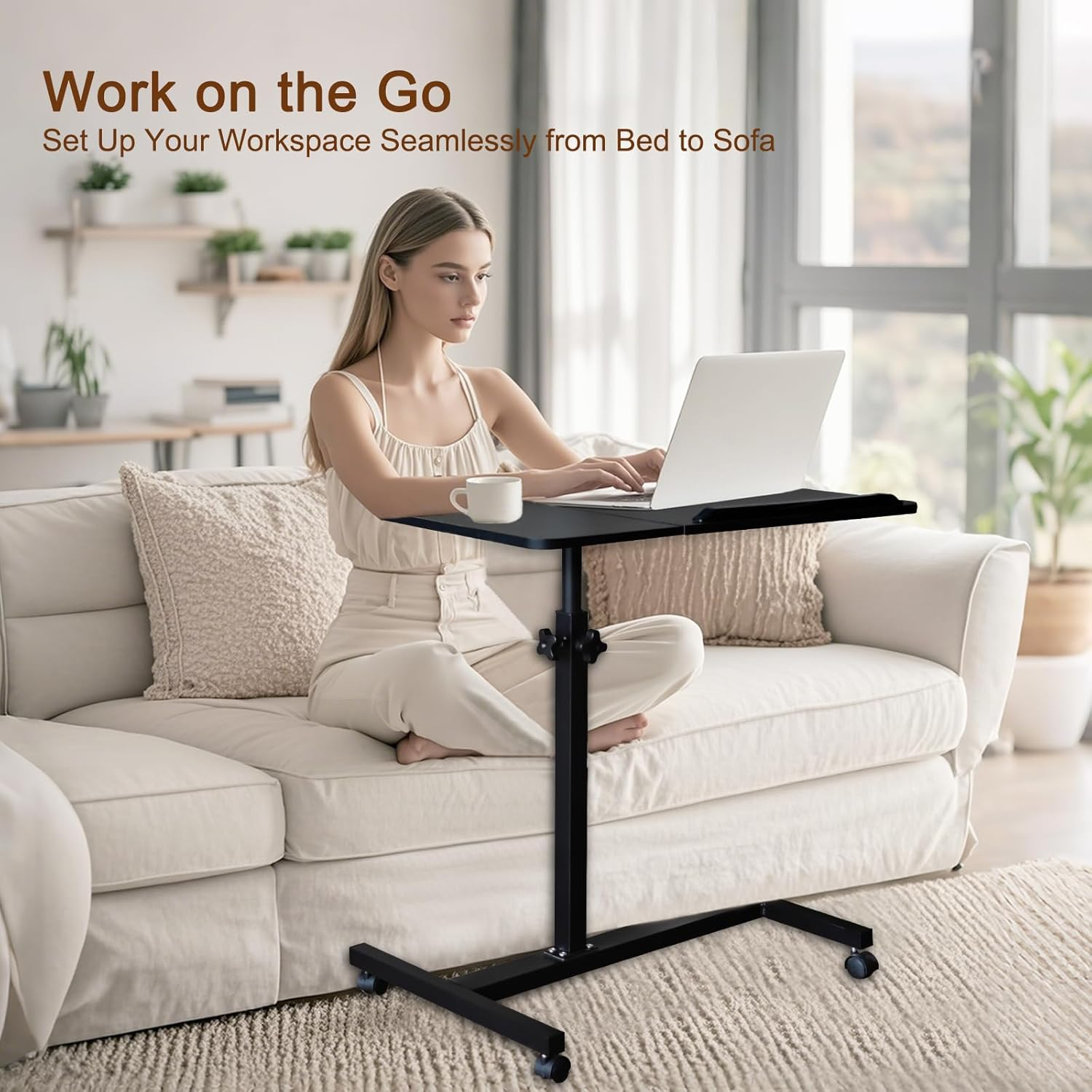 ONEIN Adjustable Laptop Table for Bed Couch Sofa, Portable Standing Desk with Rolling Casters for Home Office, C Shaped Small Study Table, Tiltable & Stable (Black) image number 4