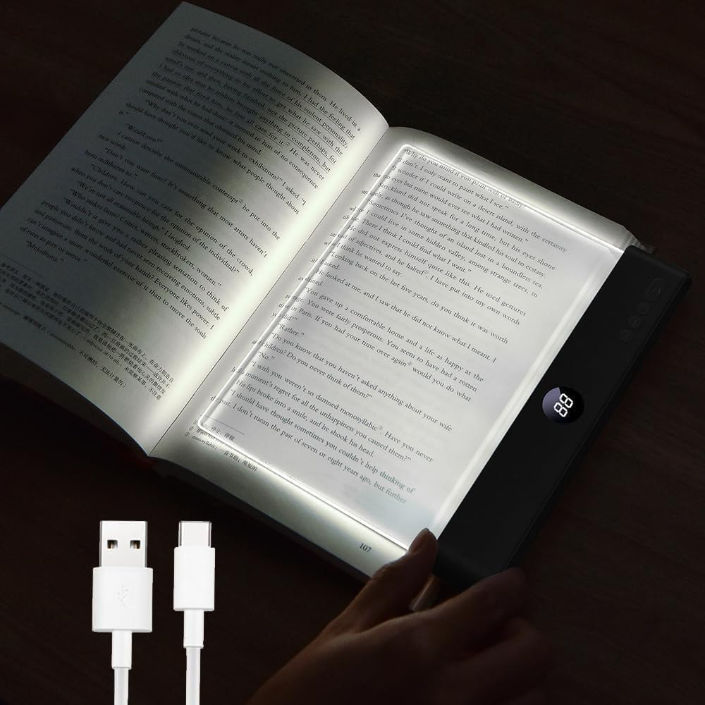Book Light, Rechargeable Clear LED Flat Book Lights for Reading in Bed at Night with 3 Colors & Timer, Dimmable Panel Plate Books Lamp Full Page Lights, for Women Readers Kids Books Lovers