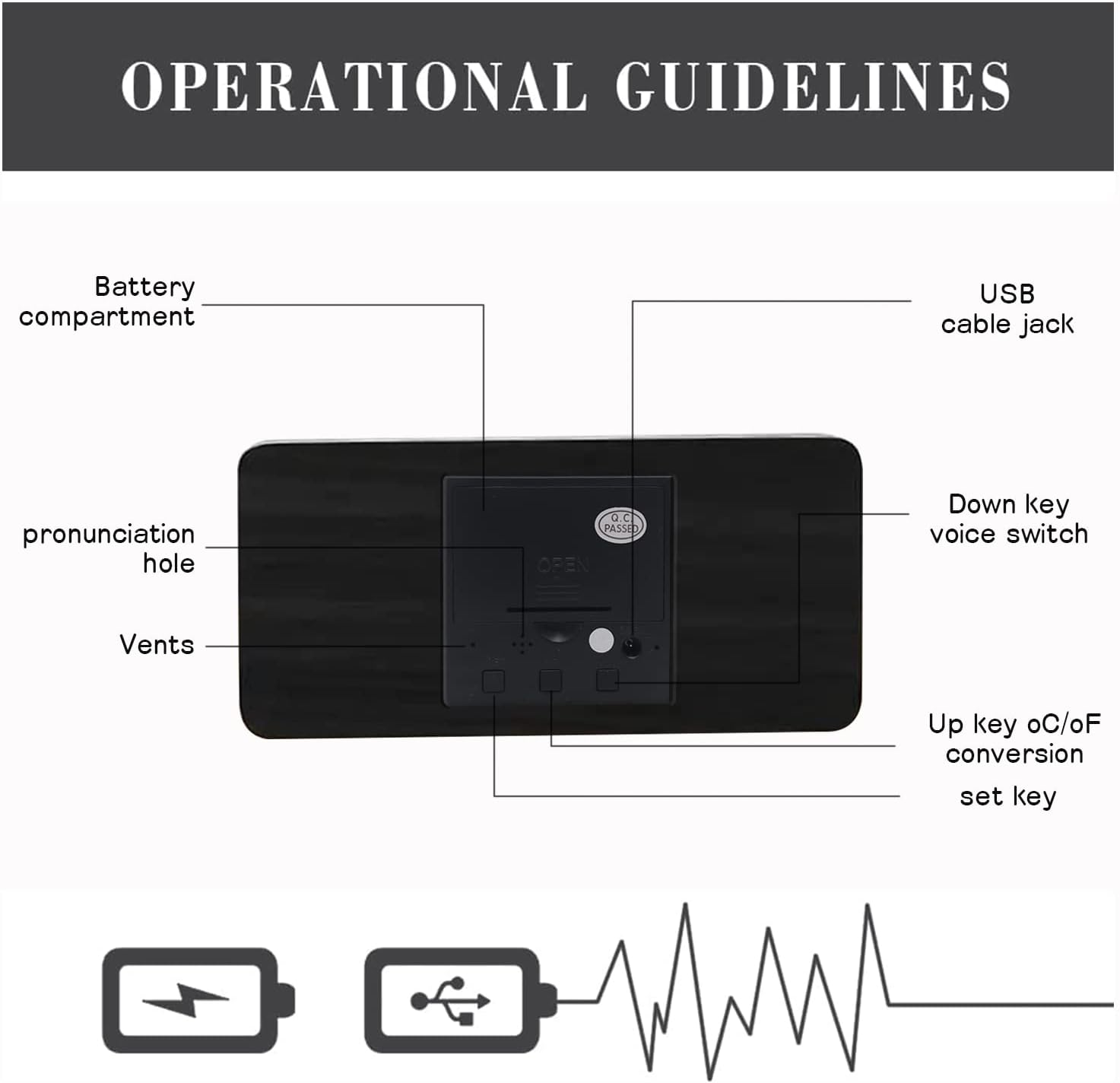 Wooden Digital Alarm Clock with Wireless Charging, 3 Alarms LED Display, Sound Control and Snooze Dual，Adjustable Brightness, Time Temperature (Black) image number 6