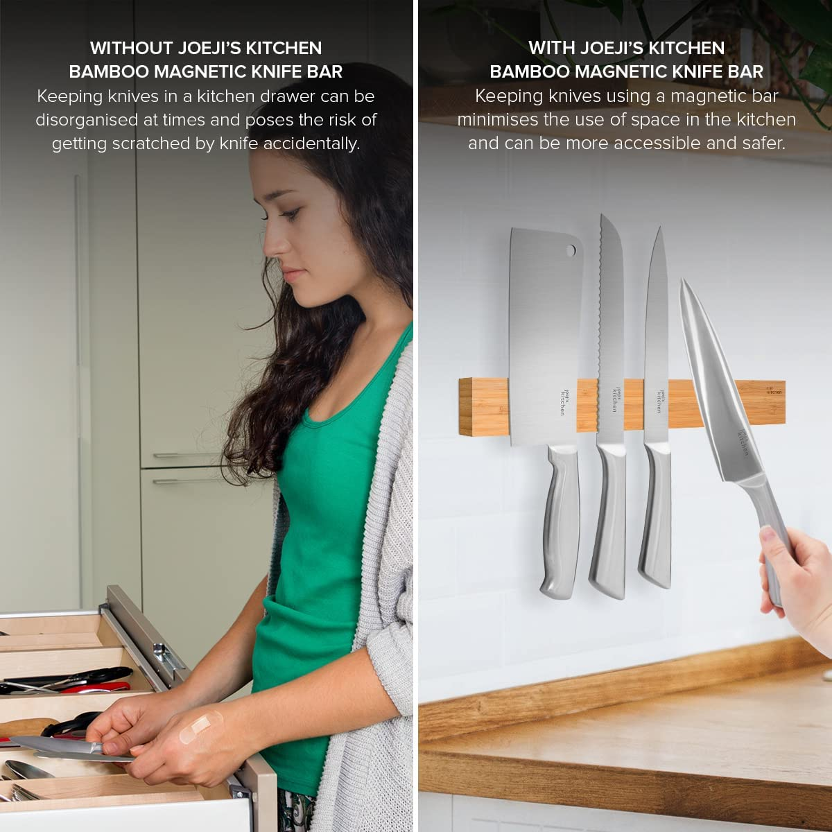 Joeji'S Kitchen Magnetic Knife Holder 16" 40Cm - Made from Bamboo - Extra Strong Magnetic Rack - Wall Mounted Kitchen Knives & Utensils Storage Organiser