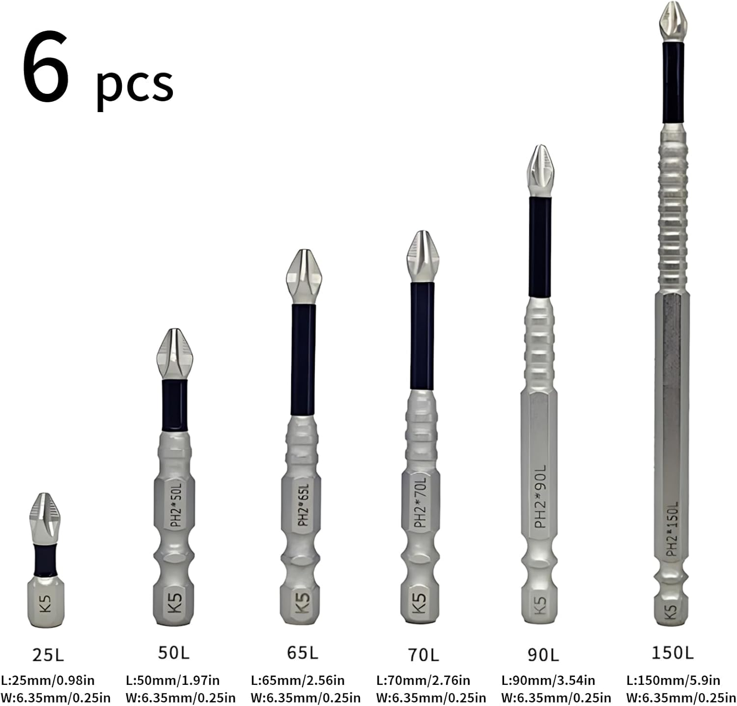 Nlvnmv 6 Pcs Magnetic Phillips Screwdriver Bit Set, 1/4 in (6.35 MM) Hex Shank, Anti-Slip Alloy Steel Cross Driver Bits for Power Screwdrivers & Impact Drills image number 5