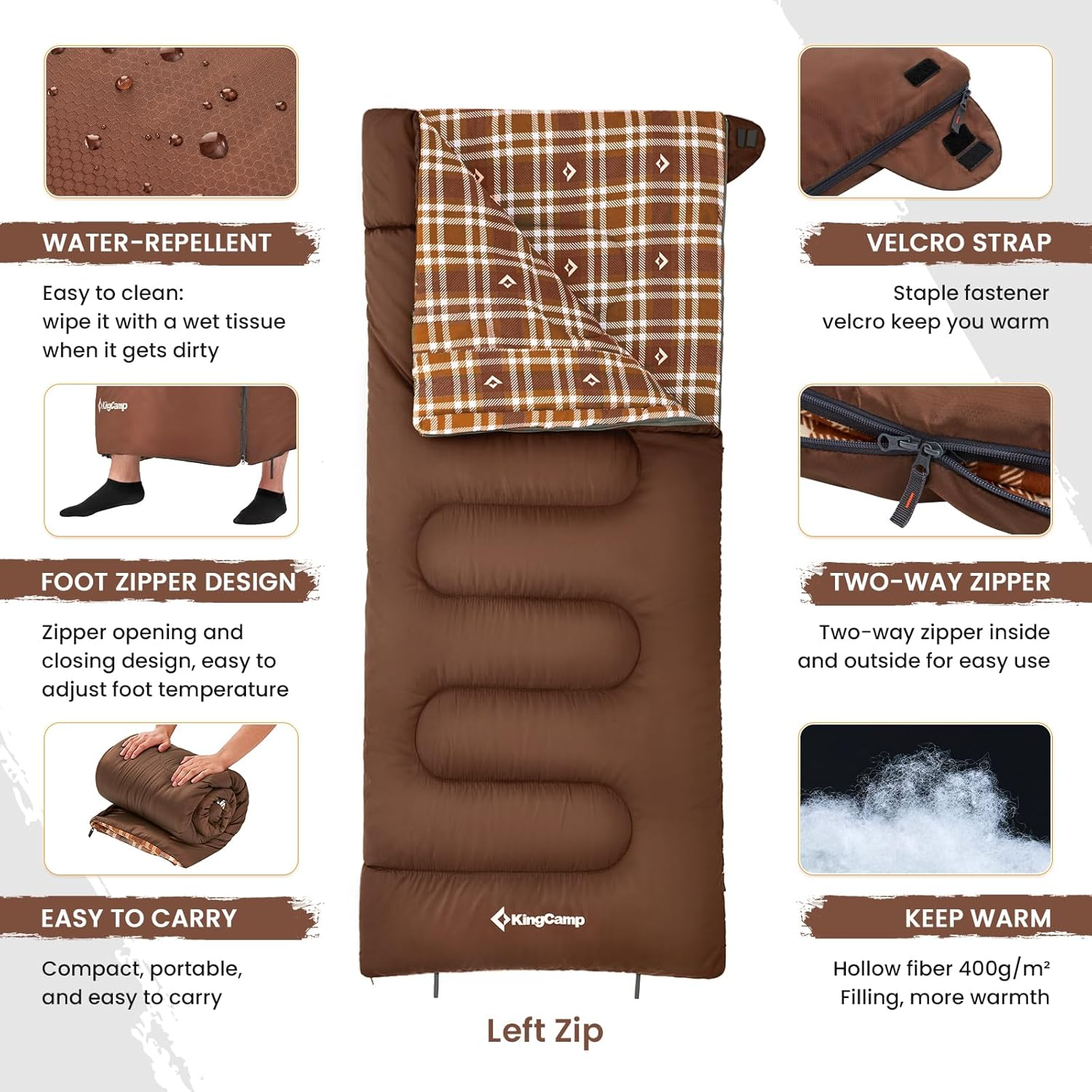 Kingcamp Cotton Flannel Sleeping Bag, Big and Tall Sleeping Bags for Adults Cold Weather, Zip Together for 2P Sleeping Bag for 3 Season, Lightweight, Water Resistant for Family Camping Backpacking - 5.7Lbs Coffee Right image number 3