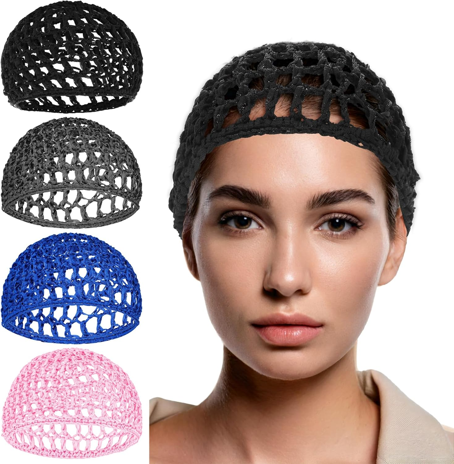 KFHENSOMR Mesh Crochet Hair Net Wrap Cap for Women Black Hair Mesh Hairs Wraps for Black Women Thick Short Rayon Knit Snood Hat Woman Hairnet Snoods Cover Ornament for Sleeping image number 1