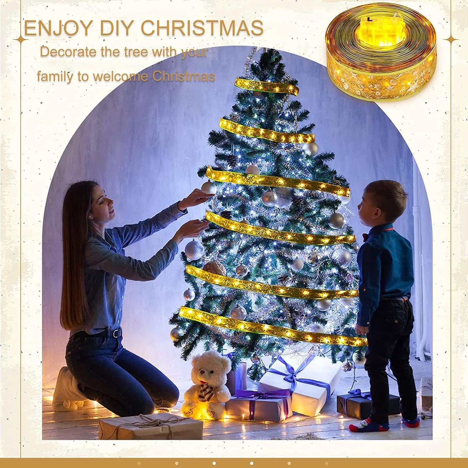 Christmas Tree Ribbon Fairy Lights, 19Ft/6M 60 LED Shining Ribbon String Lights, Waterproof Battery Operated Xmas Tree Lights for New Year Party Decorations Indoor Outdoor Ornaments (Gold 6M)