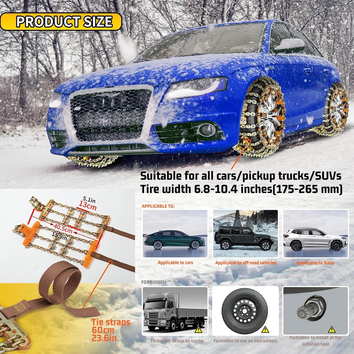 Heavy Duty 8-Pack Snow Chains ，Universal Fit for Cars, 4Wds & Suvs ，Tyre Width 175-265Mm (6.8-10.4 Inch) image number 4