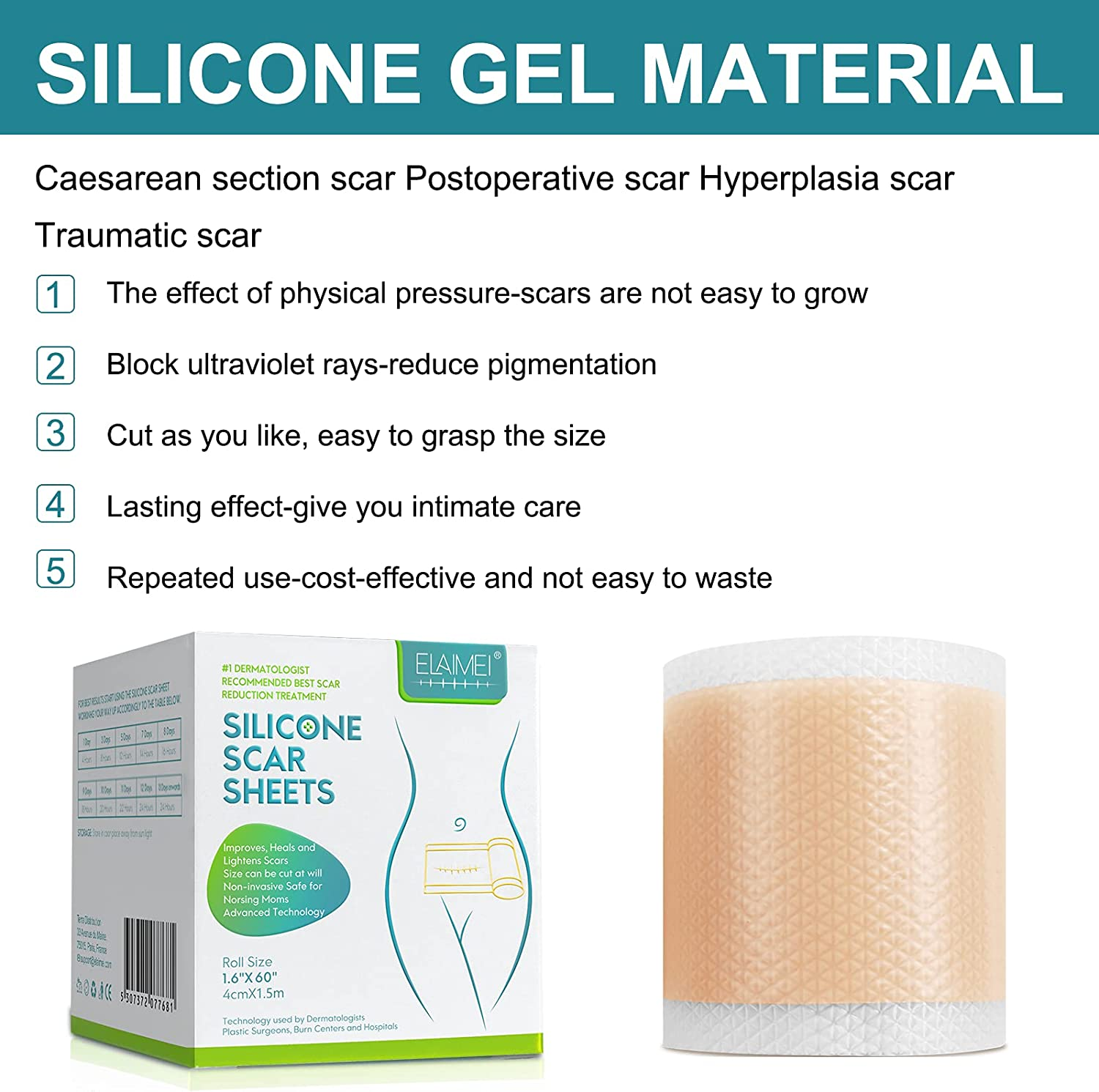 Silicone Scar Sheets, Professional Silicone Scar Sheets,Scar Silicone Tape Strips, Scar Removal Sheets for C-Section,Scar Removal Sheet Long Strips for Acne Burn, Keloid (1.6&rdquo; X 60&rdquo;)