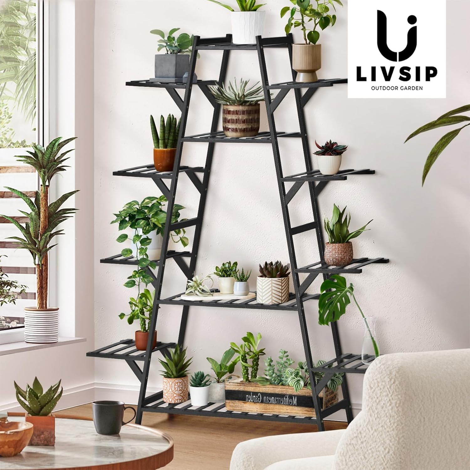 Livsip 12-Shelf A-Shape Black Bamboo Plant Stand