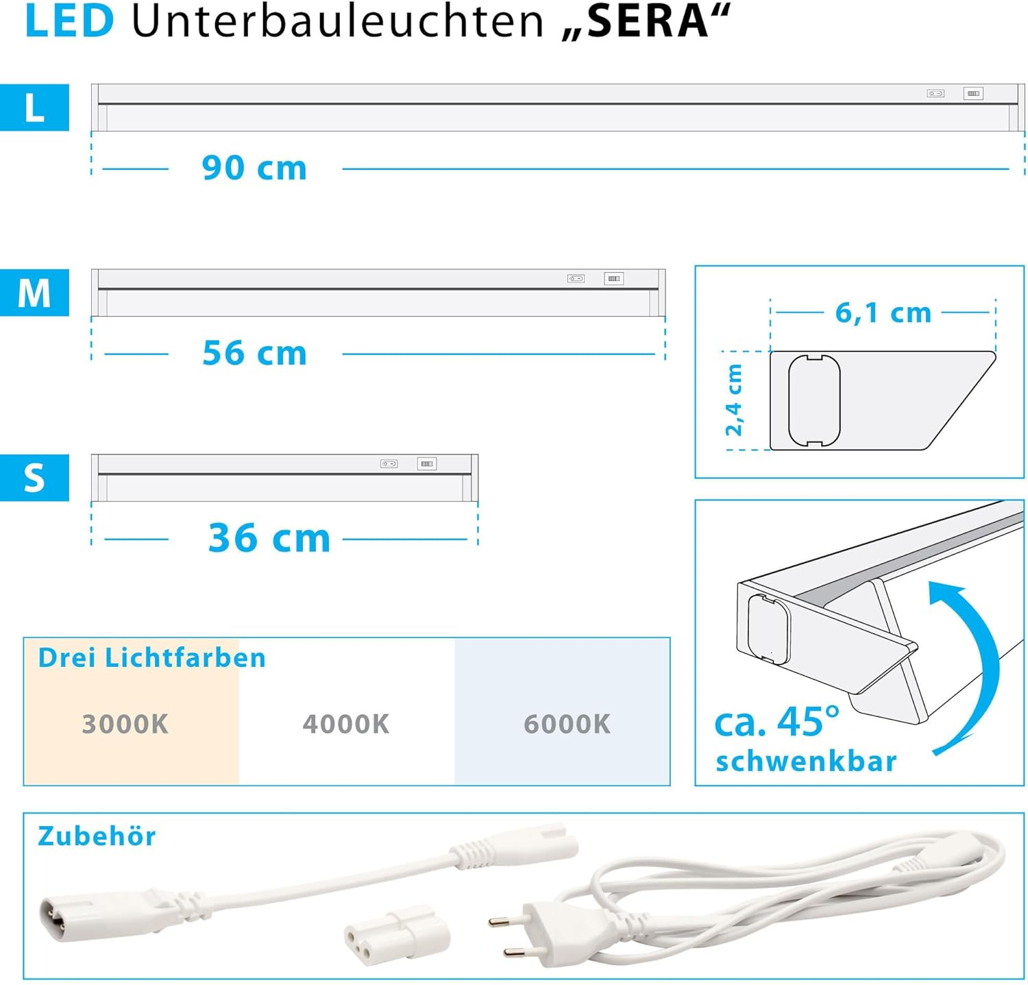 Max K O M F O R T Sera-M LED Under-Unit Light, 56 Cm, Swivelling, Grey, Kitchen Lamp with Switch and 3-Level Dimming Function, 8 W, CCT Colour Changing, Warm White/Neutral White/Cool White, 750 Lm - Sera-S image number 4