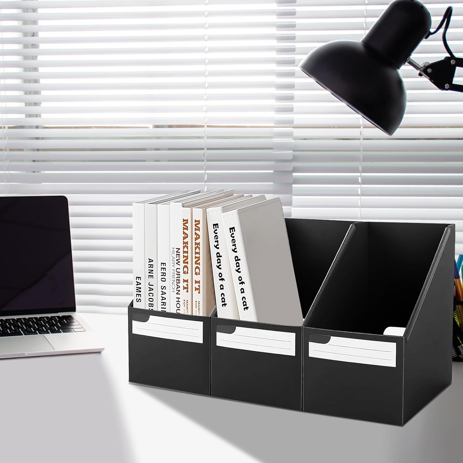 SAYEEC Black Plastic Magazine File Holder, 3 Pack Foldable Folder Holder with Labels, Vertical File Paper Organizer Magazine Storage Box Rack Book Bins for Desk, Shelves, Classroom, Office, Home image number 2