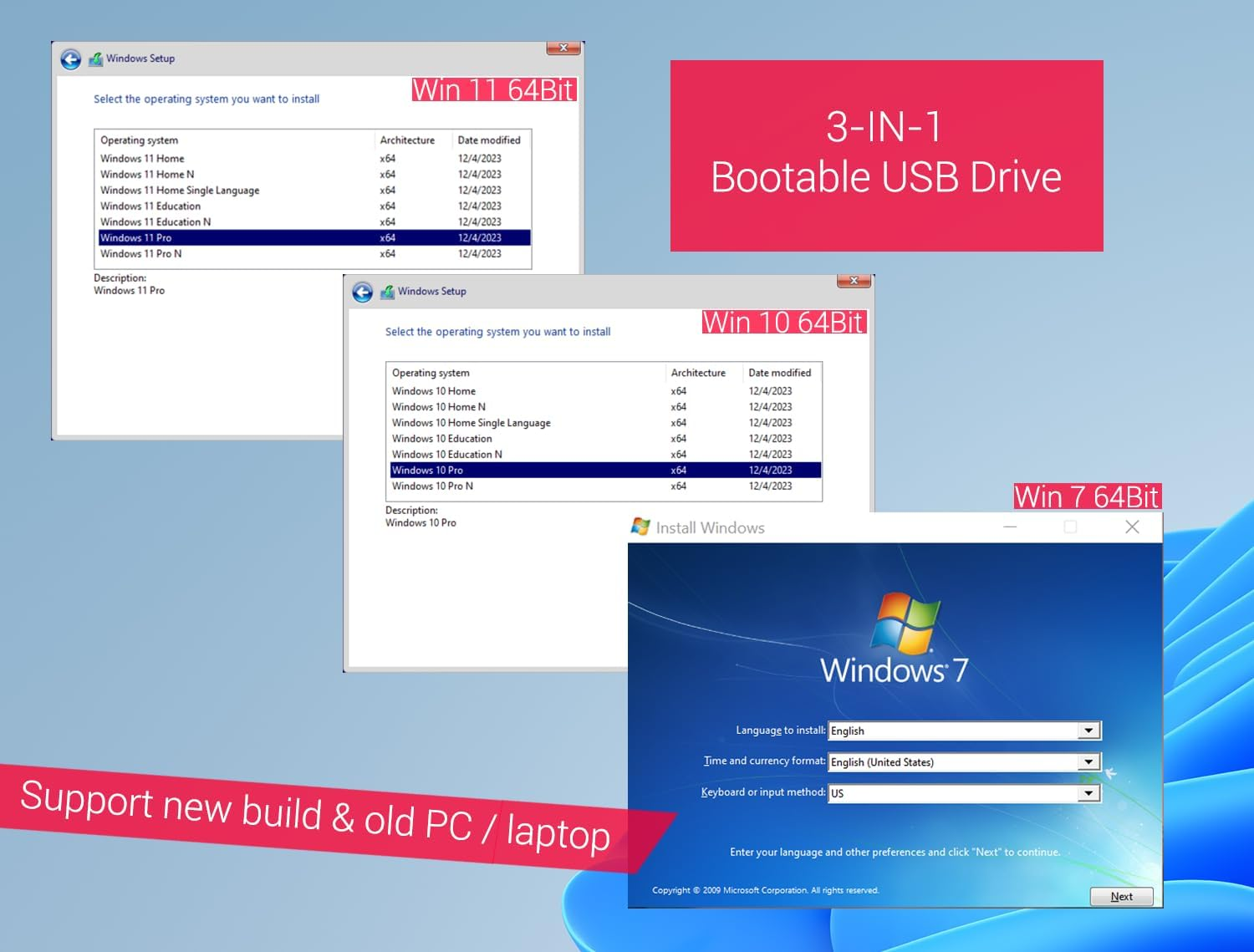 64GB - Bootable USB Driver 3.2 for Windows 11/10/7, Password Reset, Wifi & LAN Drives, Supported UEFI and Legacy, Reinstall,Upgrade,Recovery Windows, WINPE Repair Tool, Compatible All Computers image number 3