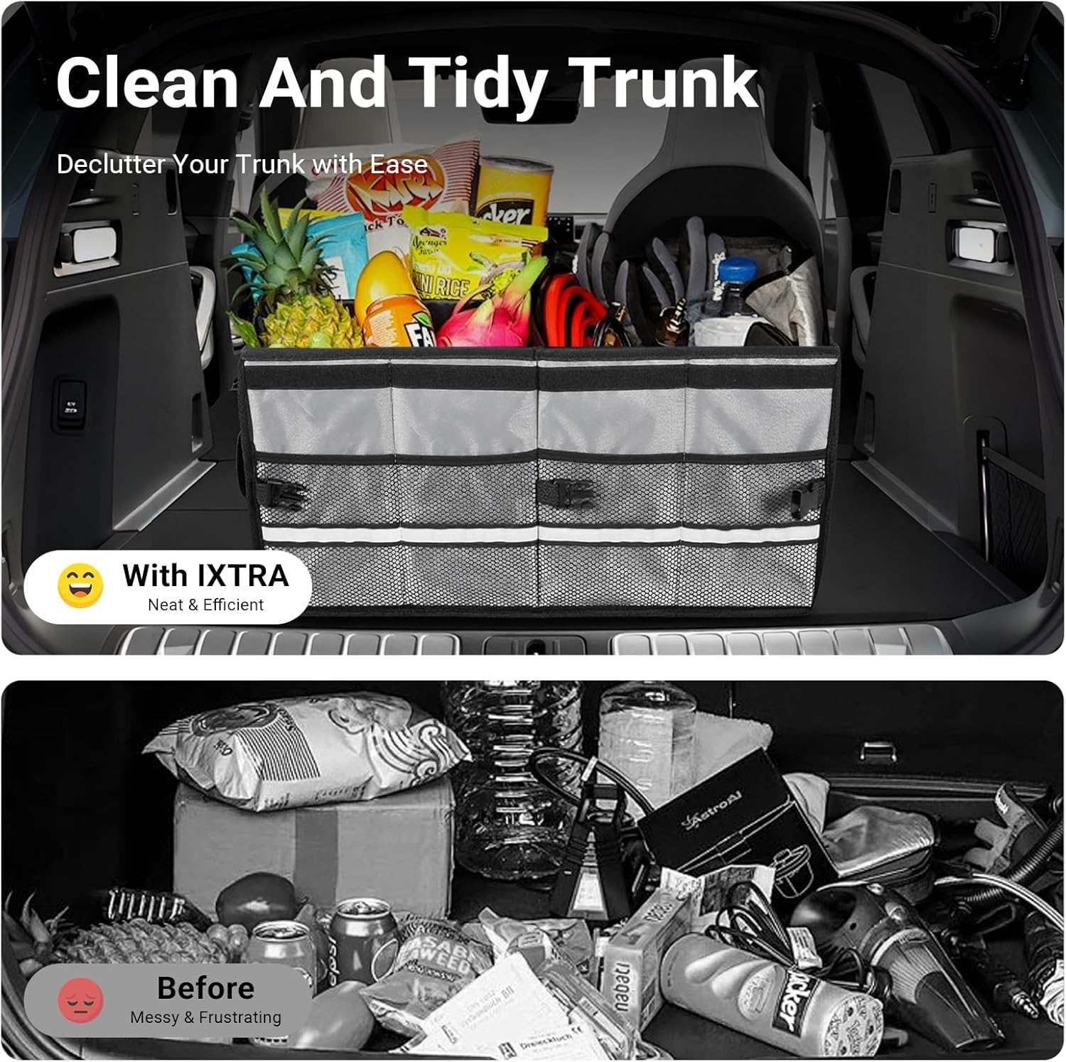 IXTRA Car Trunk Organizer - 55L Collapsible Trunk Storage Box, Waterproof 1860D Oxford with Hard Cover & Securing Straps Boot Organizer, Car Accessories Universal for SUV Sedan Truck (Black) - Black image number 2