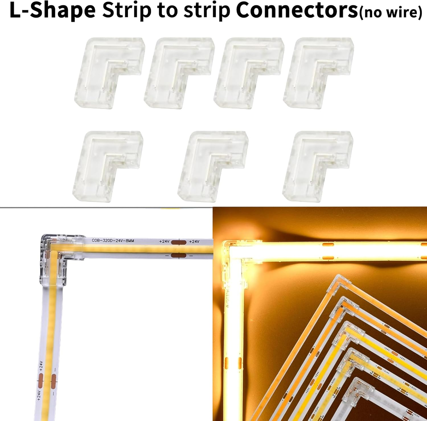 Clearhill 8Mm 2Pin 10Packs Transparent Solderless L-Shape COB LED Strip Connectors,90&deg;Right Angle Corner Joints for 5V 12V 24V Single Color LED Strip Lights,Seamless Corner Connection. image number 1