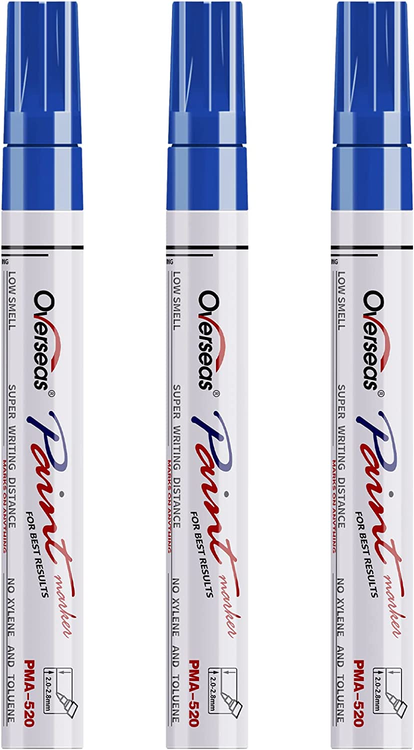 Overseas Permanent Paint Markers Pens - 3 Pack Blue Oil Based Paint Pens, Medium Tip, Quick Drying and Waterproof Marker Pen for Metal, Rock, Wood, Fabric, Plastic, Canvas, Mugs, Stone, Glass