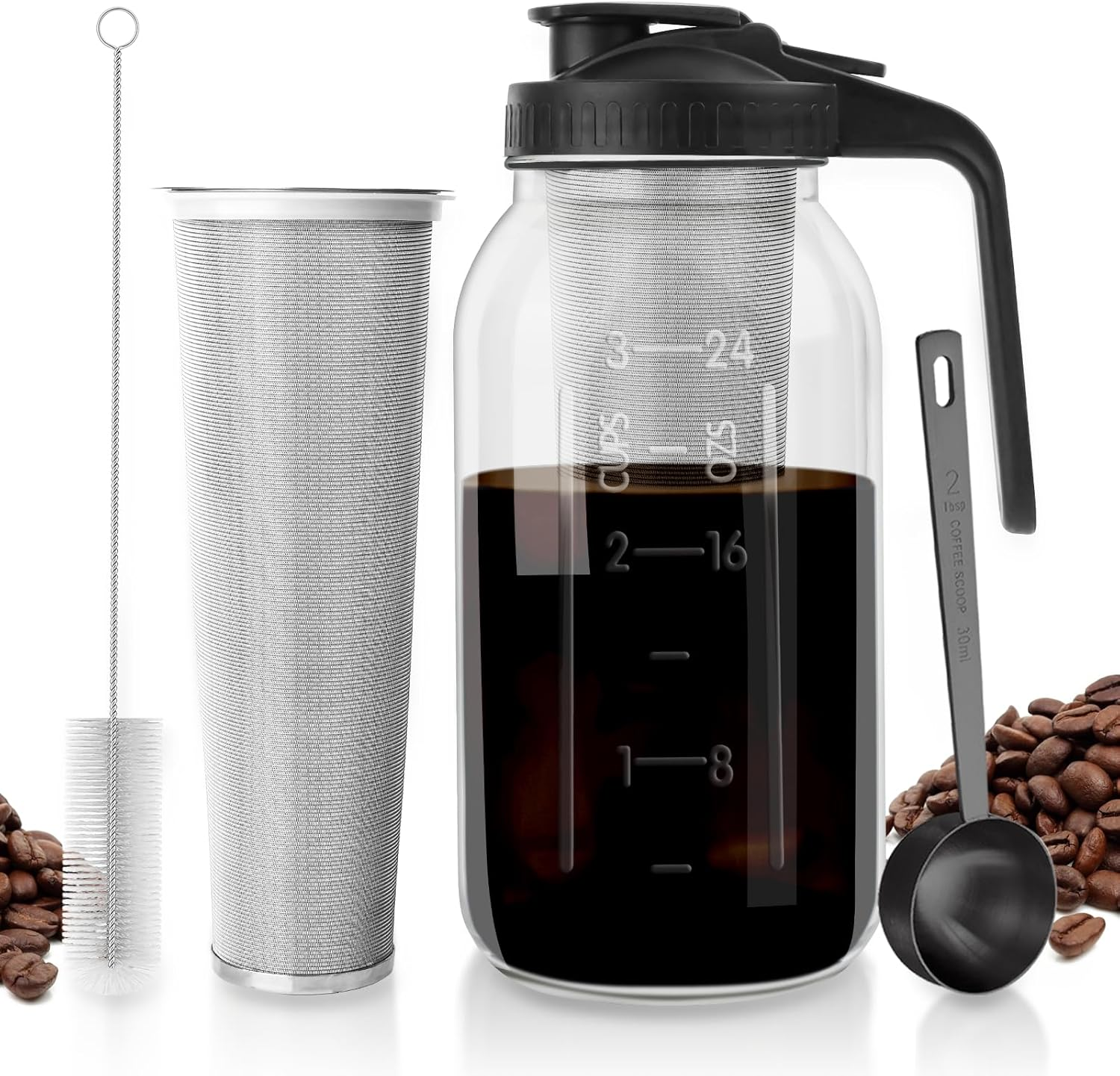 Cnsndqedke Cold Brew Coffee Maker, 32 Oz Wide Mouth Mason Jar Pitcher with Stainless Steel Filter, Pour Spout Handle Lid, Heavy Duty Glass Airtight & Leak-Proof Pitcher for Iced Coffee & Tea Lemonade