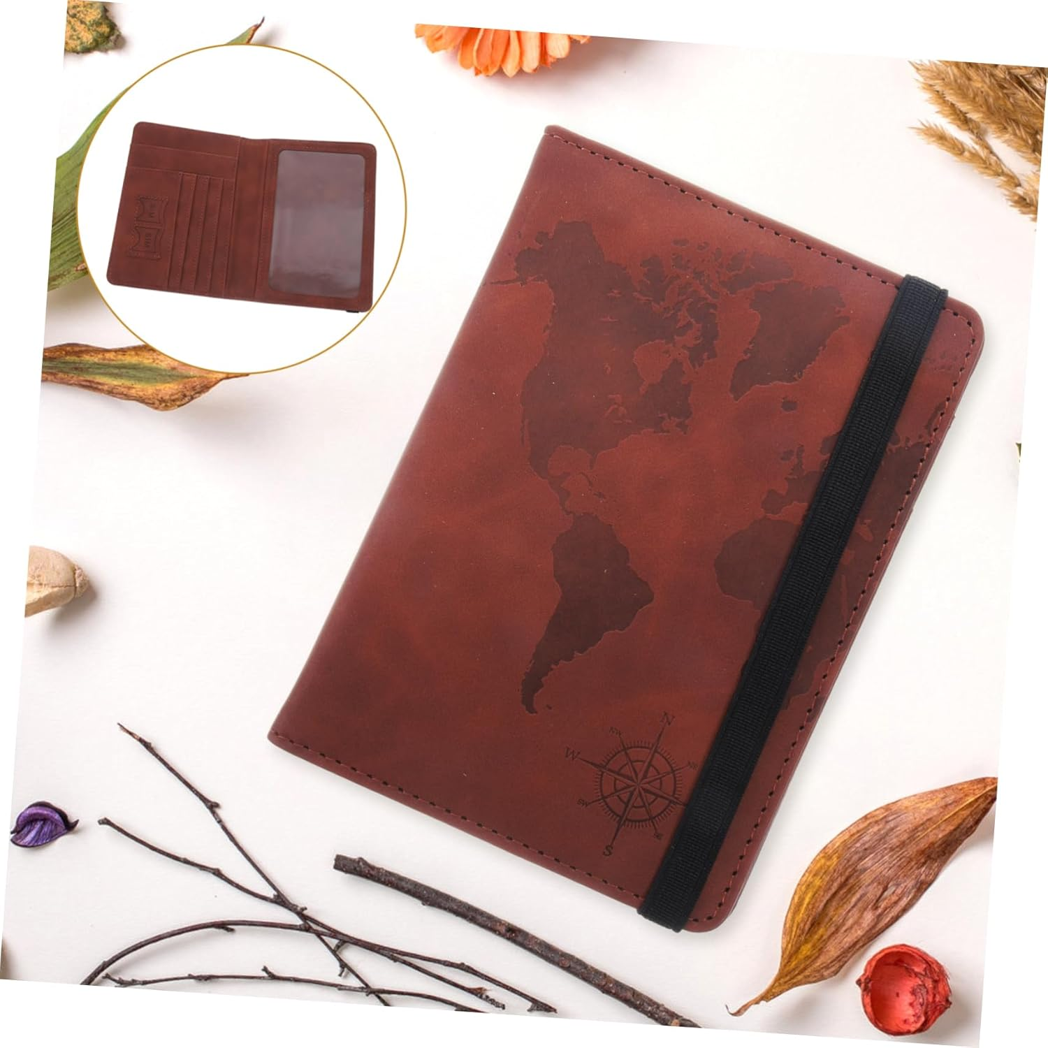 World Map Passport Holder Leather Travel Document Holder Passport Case Multiple Card Slots image number 5