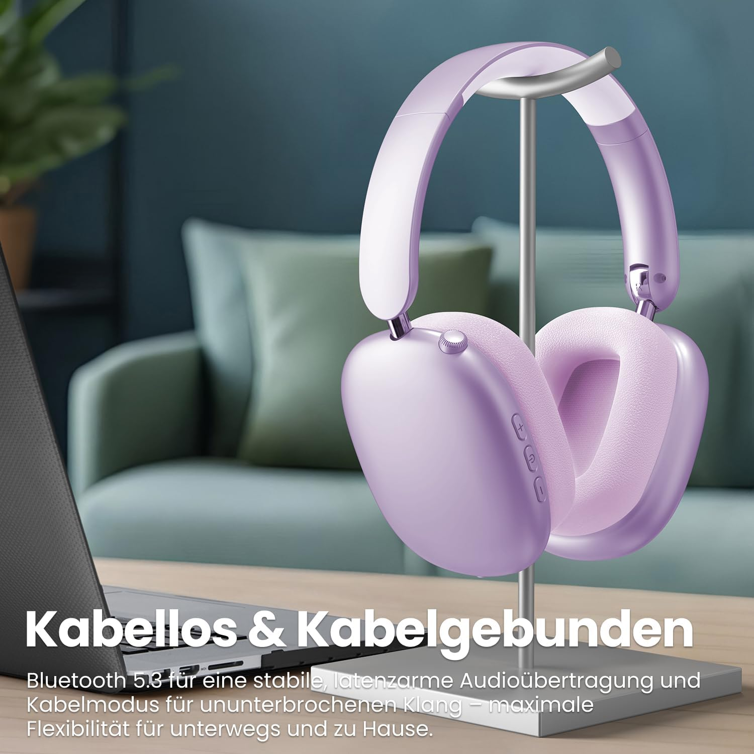 Wentronic Y01 Noise Cancelling Headphones, Wireless Over-Ear Headphones, Bluetooth 5.3, Hi-Res Sound, 48H Playback, Foldable with Microphone for Ios/Android/Pc - Purple