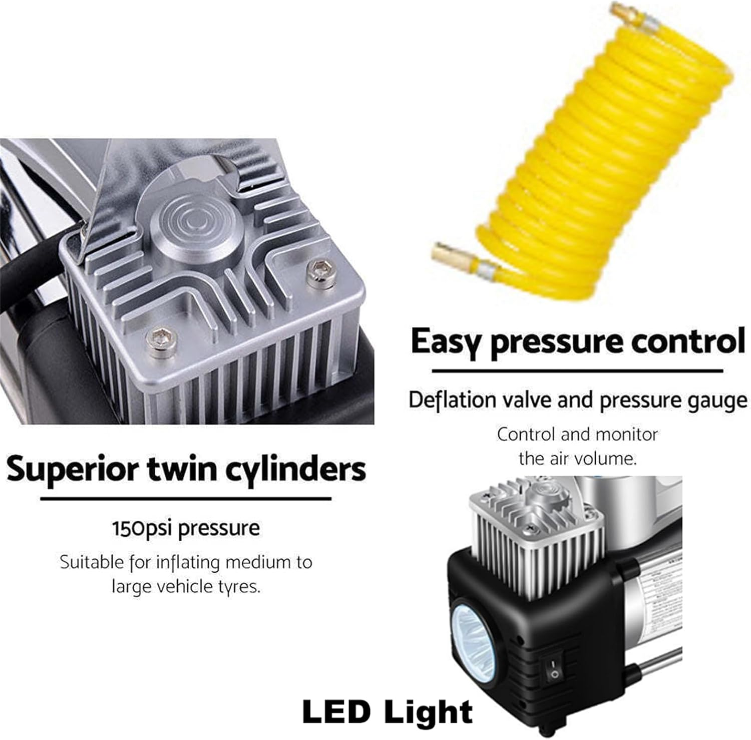 12V 150PSI Car Air Compressor Portable Tyre Deflator Inflator Pump for 4WD Car Truck with 3M Cable 3 Nozzle Adaptors Storage Box 1 Tire Repair Tool Set image number 6