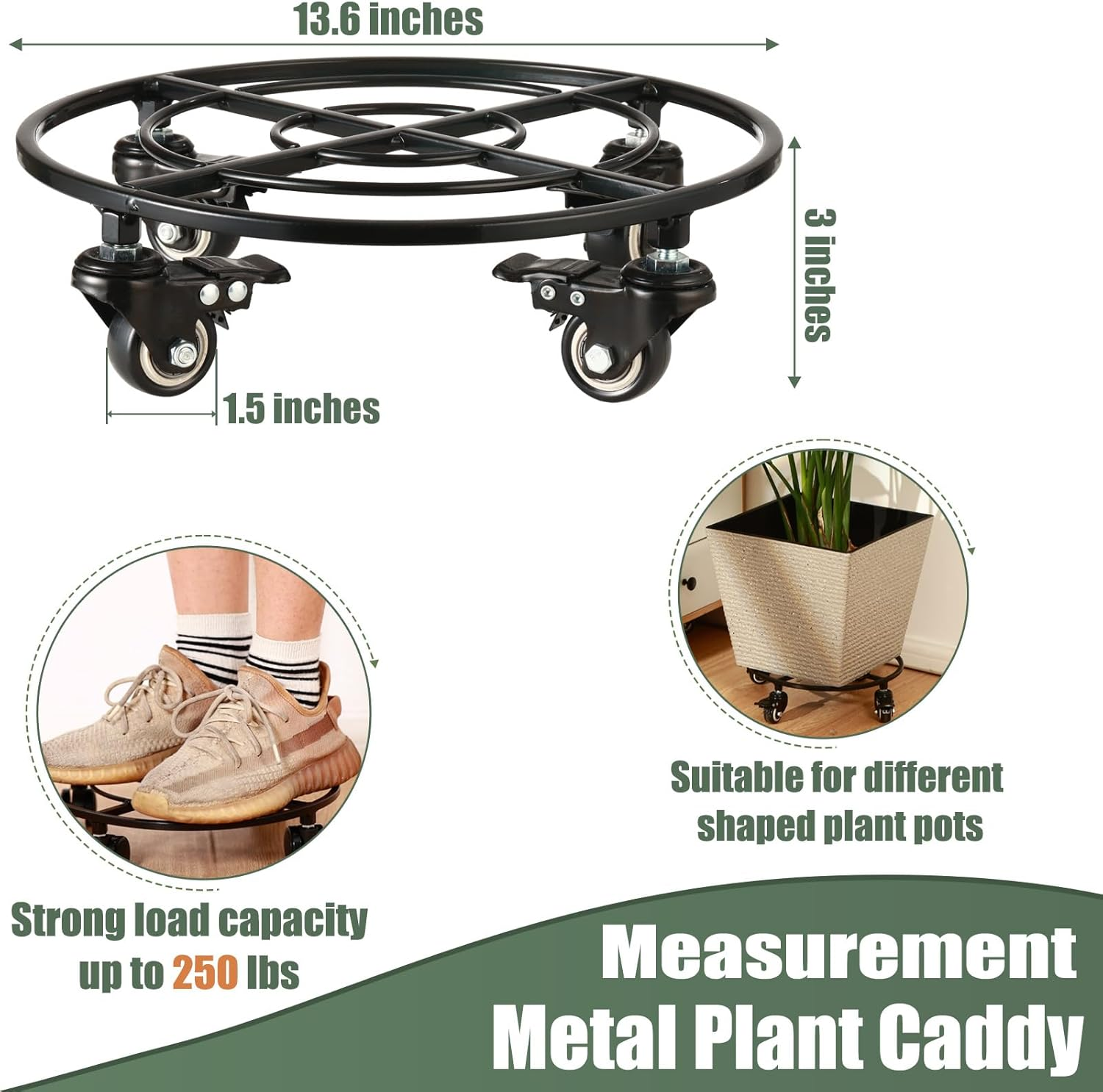 Kvyusflourish 2 Packs Large Metal Plant Caddy with Wheels 13.6" Rolling Plant Stands Heavy-Duty Wrought Iron Plant Dolly Plant Rollers Planter Mover with Casters, Strong Load Capacity image number 4