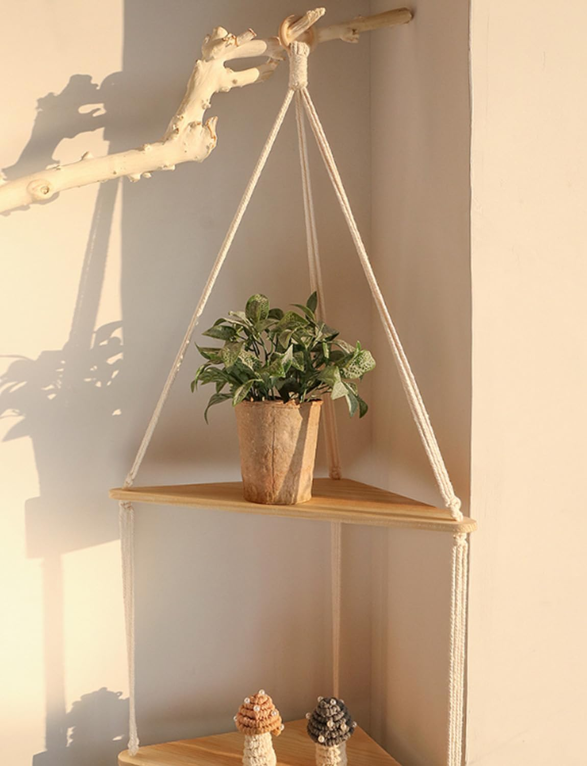 White Corner Floating Shelves Wall Hanging,3 Tier Corner Shelf Plant Wall Decor Boho Rustic Wooden Storage Orgnizer for Bedroom Living Room Pots Photos image number 6