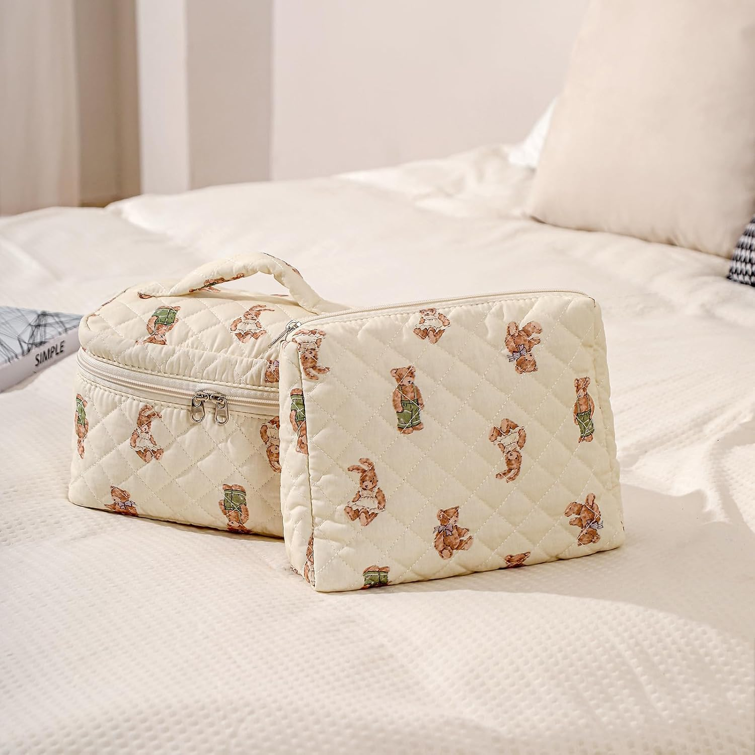 Uekeboag 2 Pcs Large Floral Quilted Makeup Bag Set for Women, Cotton Quilted Big Cosmetic Bag, Coquette Aesthetic Cute Travel Toiletry Bag, 01White Bear - 3Pcs Dot Bear image number 4