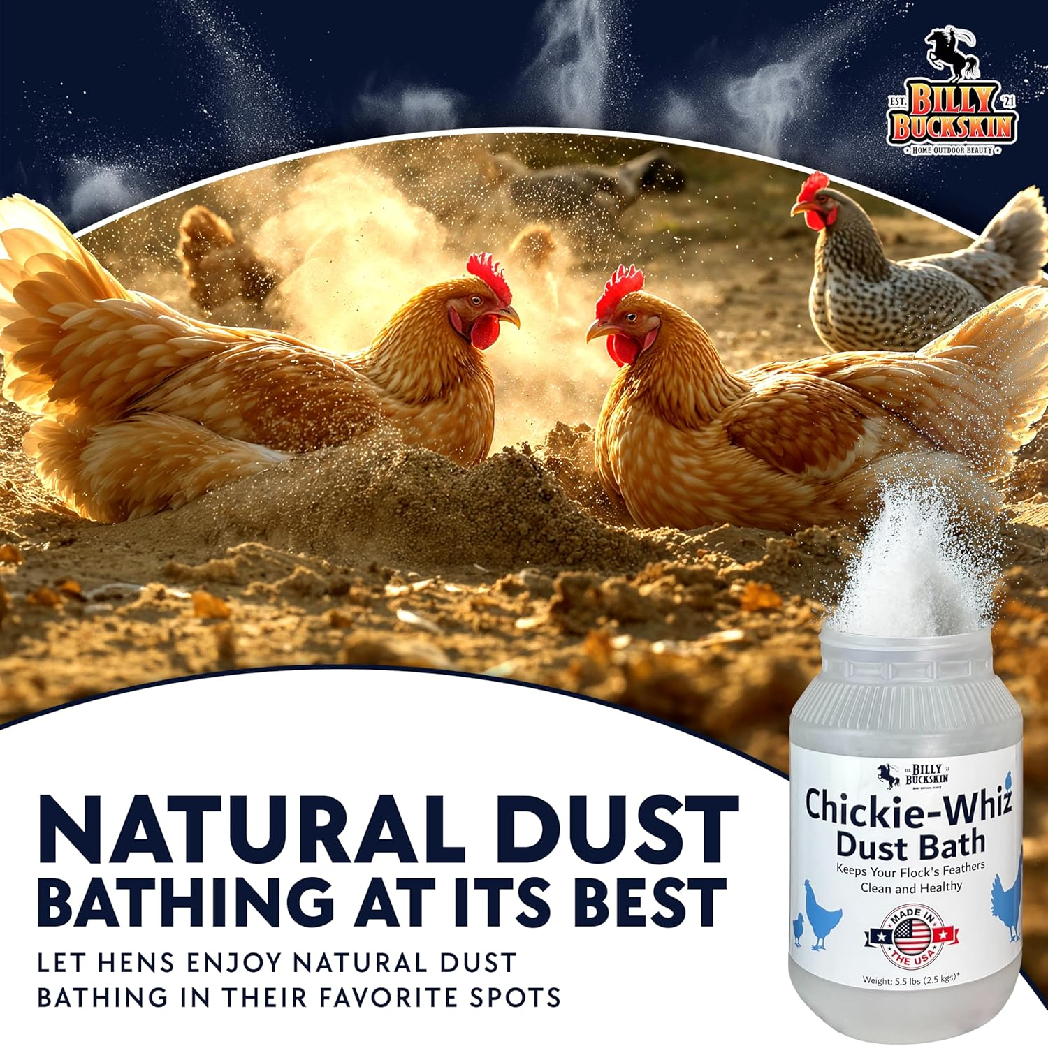 BILLY BUCKSKIN HOME & BEAUTY Chickie - Whiz Dust Bath, Chicken Dust Bath, Keeps Feathers and Chickens Healthy, Durable Tub with Screw Cap, 5.5 Lb image number 4