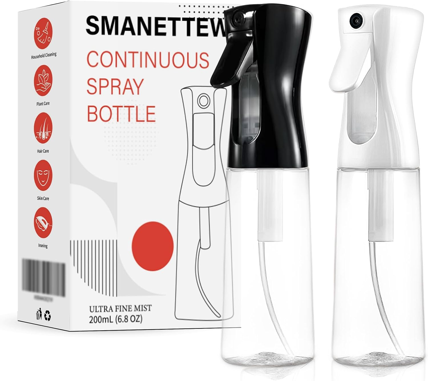 Continuous Spray Bottle for Hair - 2 Pack 200Ml/6.8Oz Empty Ultra Fine Mister Spray Bottles | Plastic Water Mist Sprayer for Hair Styling, Cleaning, Plants, Salons, Misting & Skin Care (White + Black) image number 5