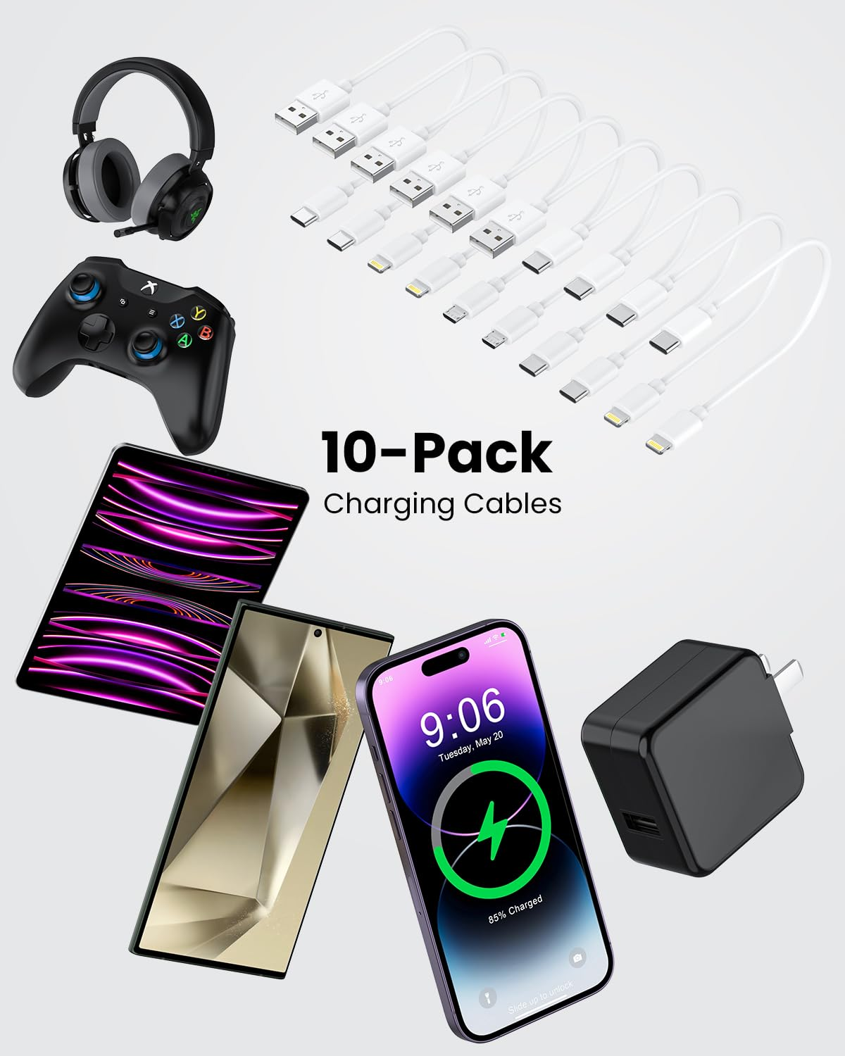 [30CM, 10-Pack] Multi Short USB Charging Cables, Fast Charge & Sync Type-C/Lightning/Micro Cords Bulk for Charging Station Compatible with Iphone16&15, Iphone5-14, Ipad, Ipod, Mobiles, Tablets, White image number 6