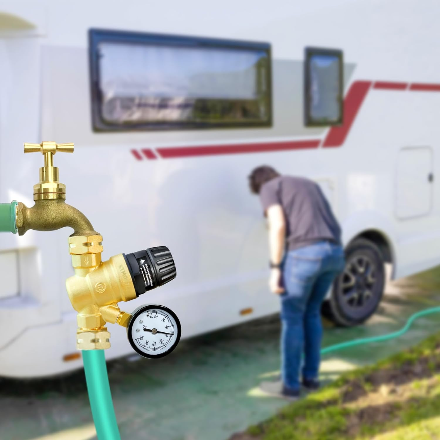 RV Water Pressure Regulator for RV Camper. Brass Lead-Free Adjustable Camper Water Pressure Regulator with 0-160 PSI Gauge ，Reducer Valve W Filter，Package Includes 1 Raw Tape for Water Pipes. image number 5