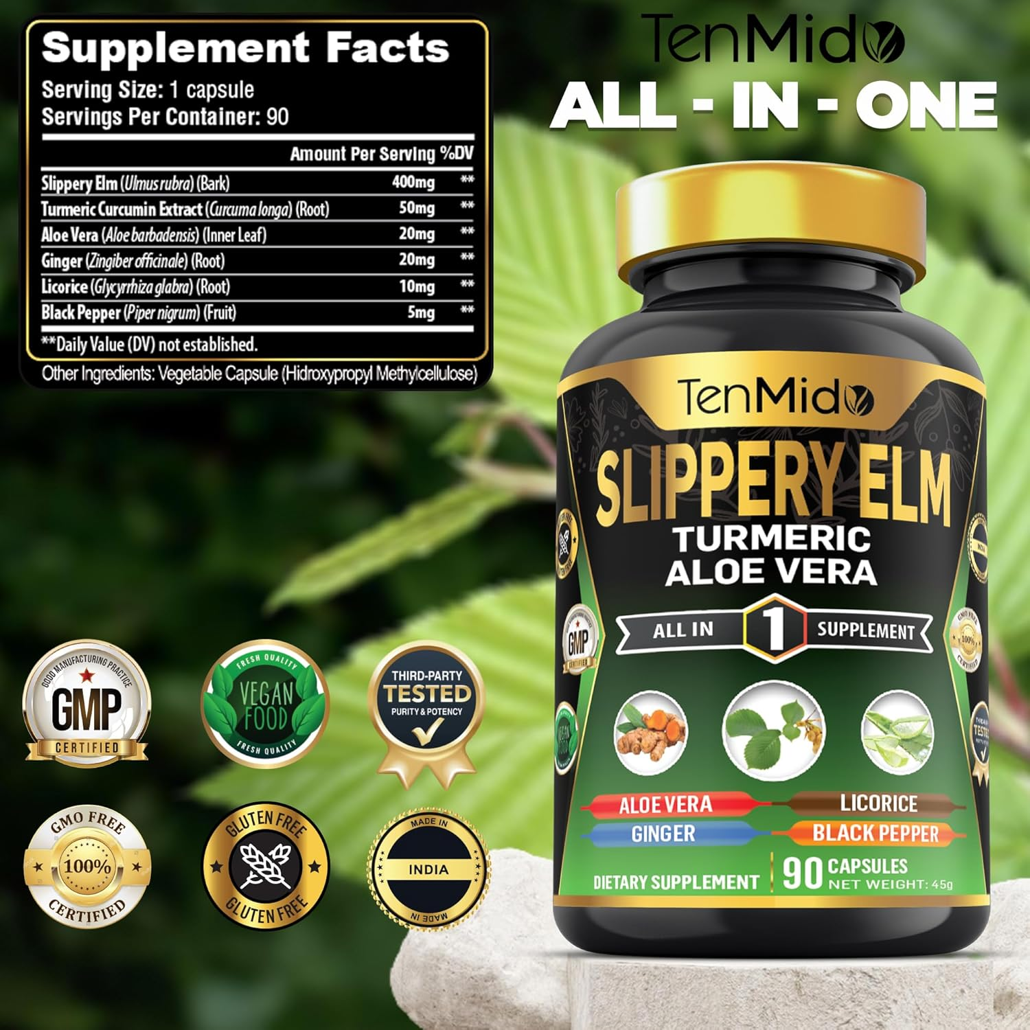 Tenmido Slippery Elm Supplements - 6In1 with Turmeric Curcumin, Aloe Vera, Ginger, Licorice & Black Pepper - Digestive Health - 90 Vegan & Non-Gmo Capsules image number 6