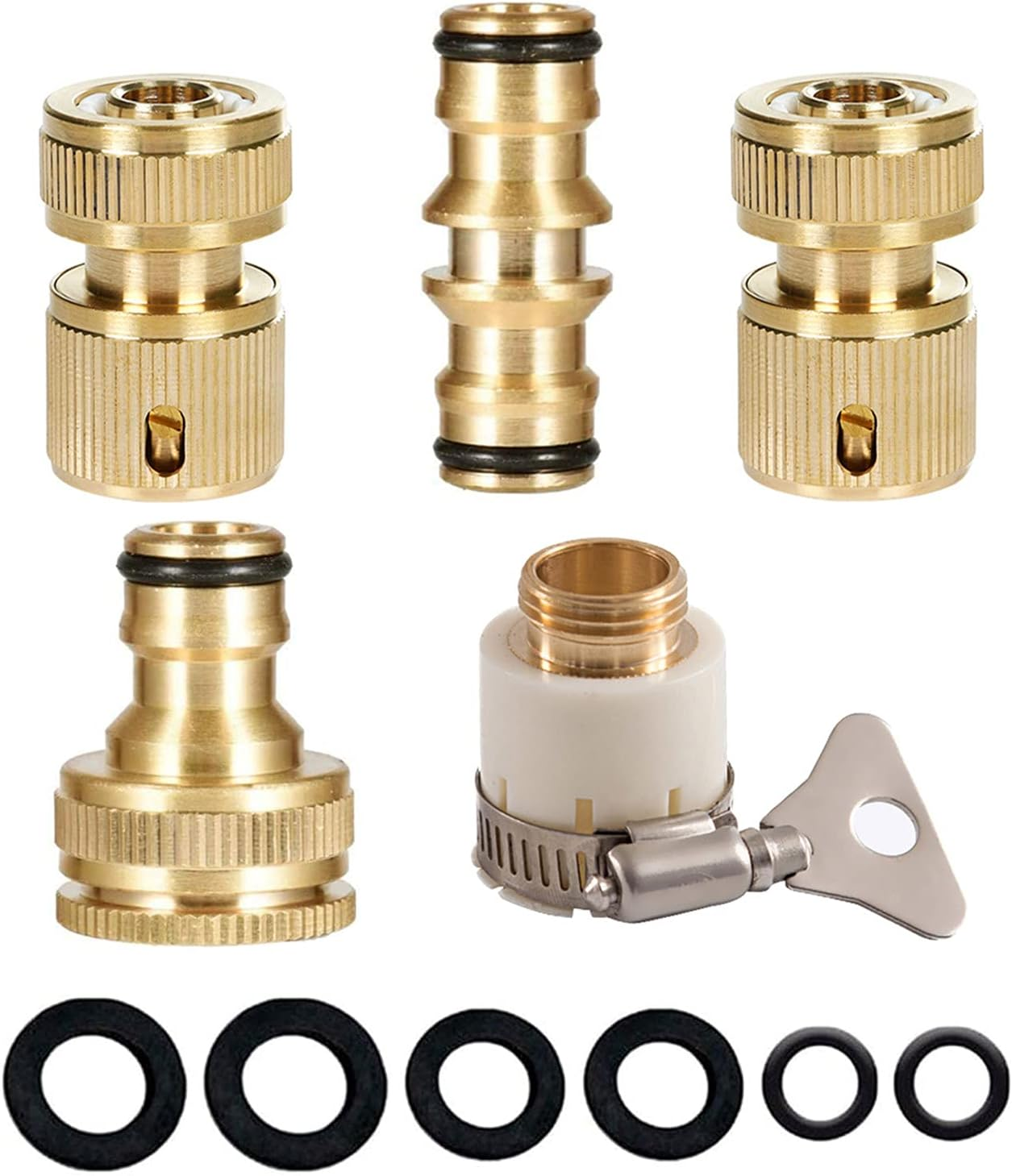 Brass 2-In-1 Outdoor Tap Connector Kit with 3/4 & 1/2 Inch Female Threaded Adapter, Quick Hose Pipe Fittings for Garden Tube (3 Pack)
