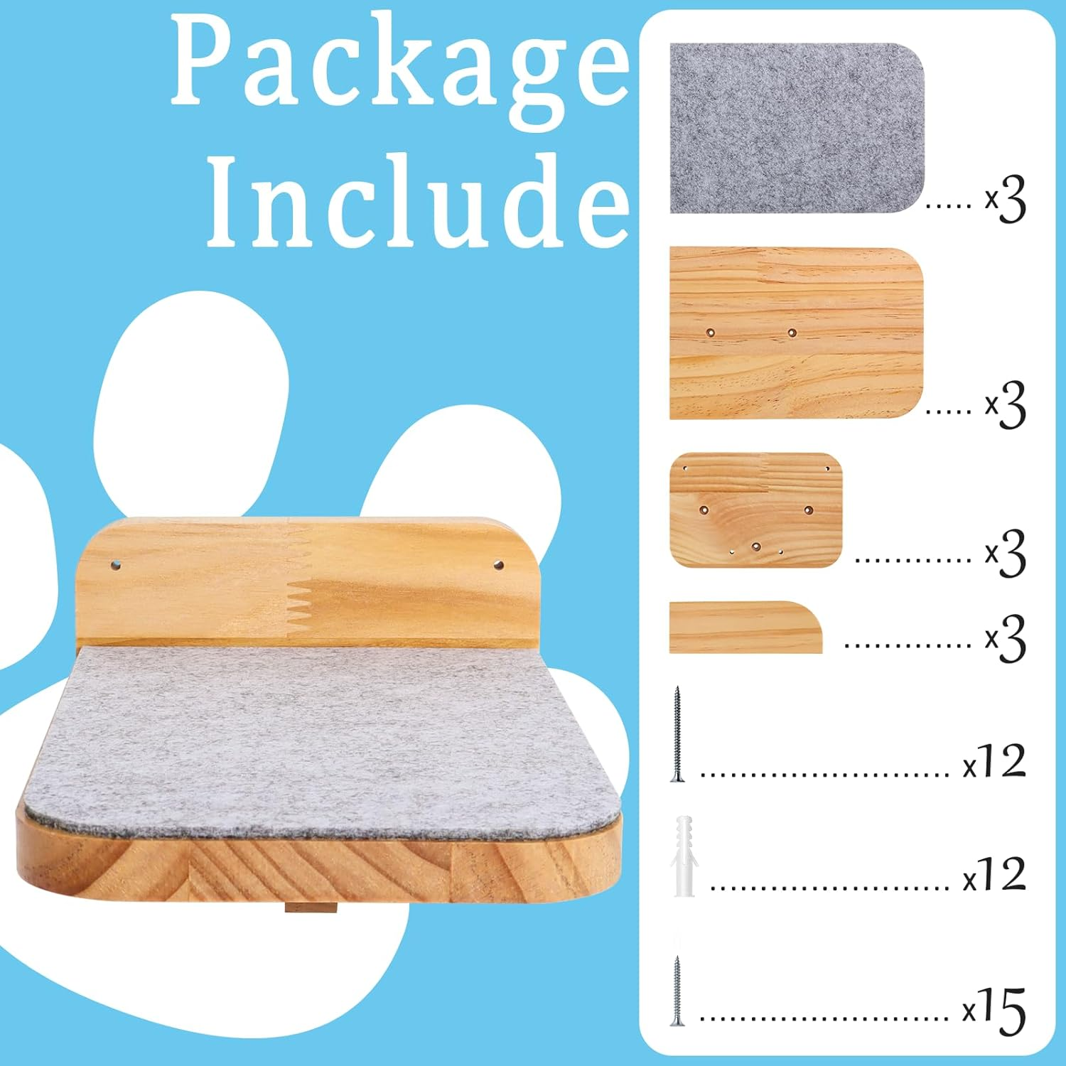 Gekufa Cat Climbing Wall, Set of 3, Cat Wall Parkour with Non-Slip Felt, 15 Kg Load Capacity image number 5