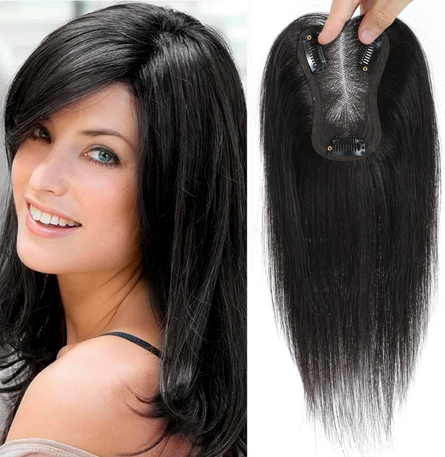 GULALUUK Human Hair Toppers for Woman Real Hairpieces for Thinning Hair 120 Density 3X4 Inch Swiss Bace (10Inch, Medium Brown)