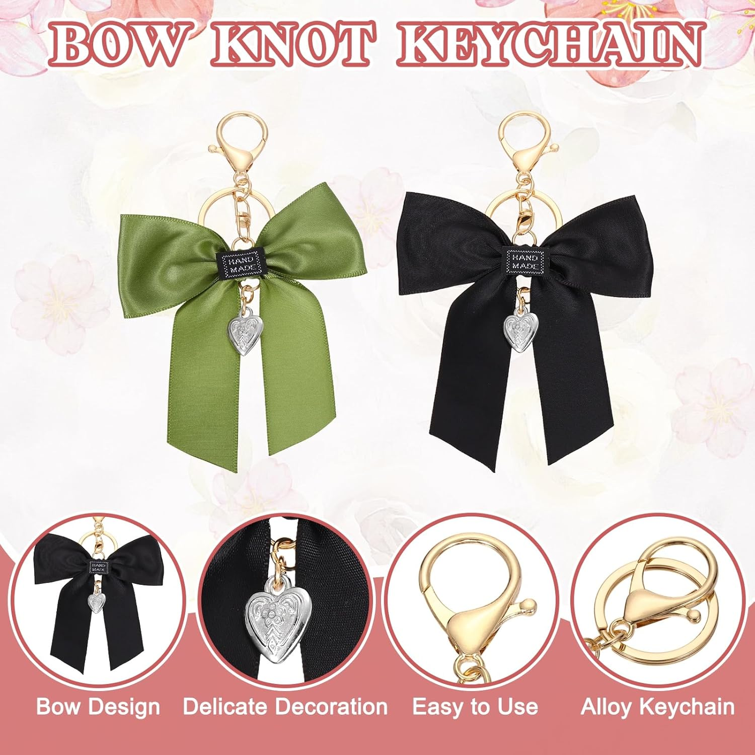 Uxcell 2Pcs Bow Knot Keychain, Cute Bag Charm Keyring, Bow Accessories for Women Purse, Backpack, Car Key, Phone Decoration (Black and Green) image number 3