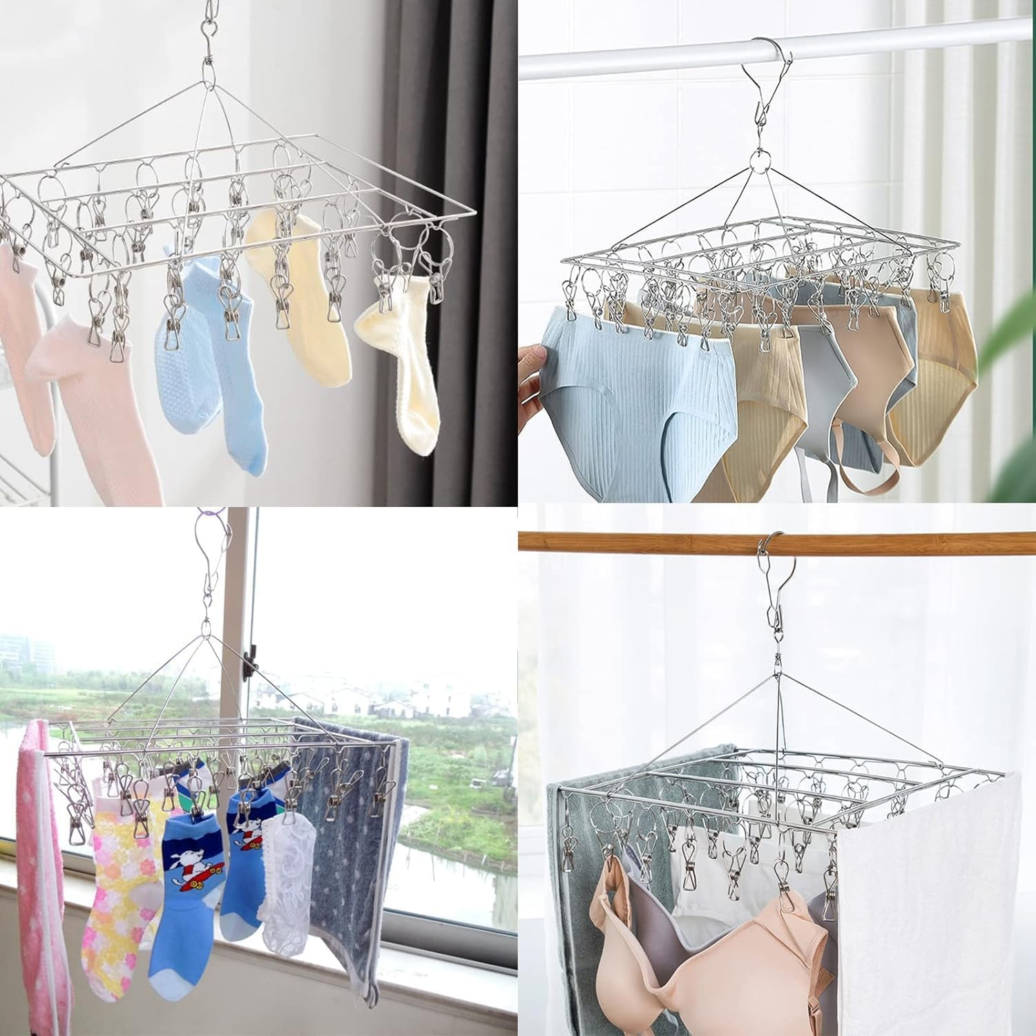 Clothes Drying Rack with 40 Clips,Stainless Steel Laundry Clothesline Hanging Rack, Anti-Wind Drying Clothes Hanger Hook, Drip Hangers Clothes Drying Rack for Underwear Towel Scarves Socks (Silver) image number 3