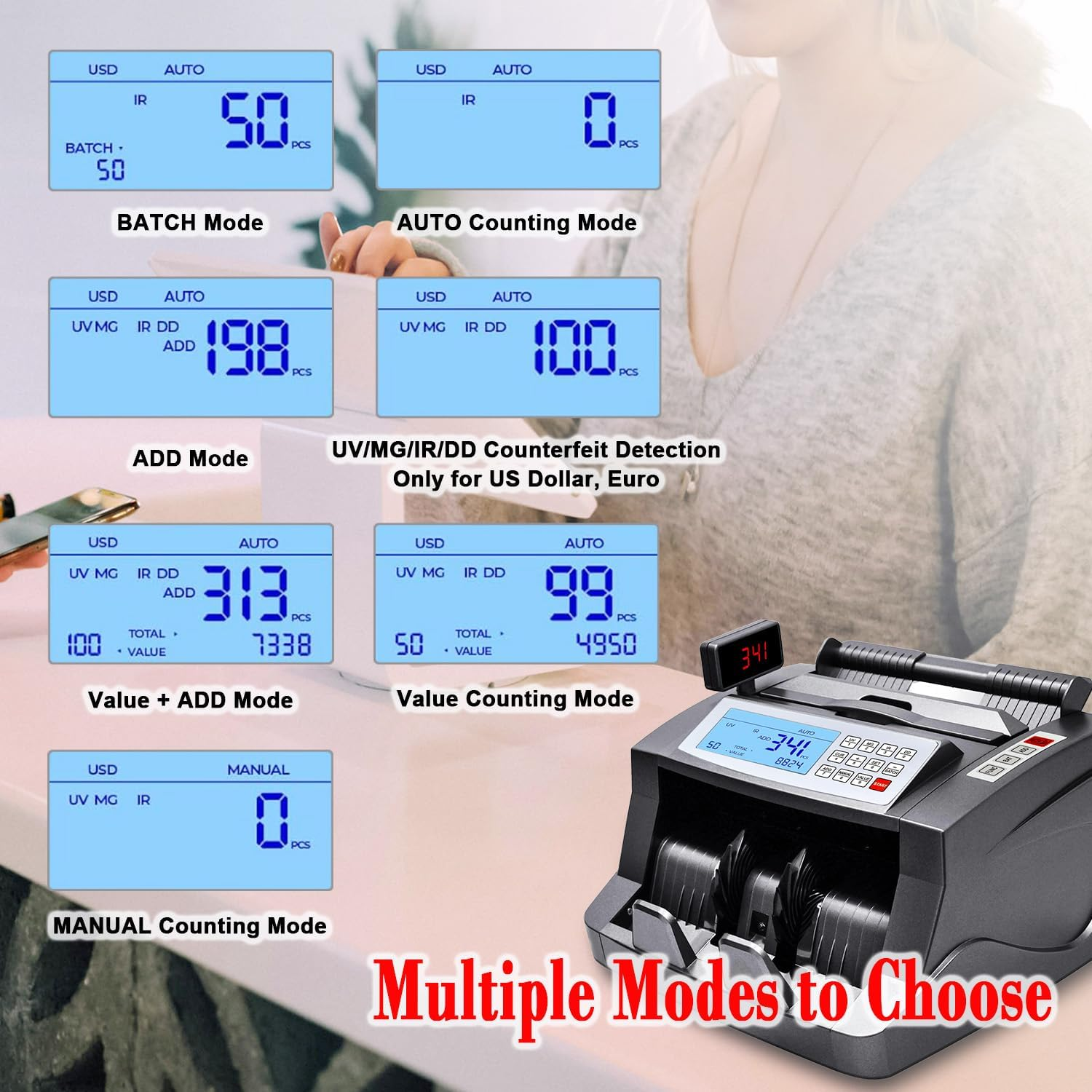 Money Counter Australian Note Bill Counting Machine AUD Cash Counter with Value Count, Add/Batch Modes, 3 Screens, LCD Display, AU Plug, UV/MG/IR/DD Counterfeit Detection Only for US Dollar, Euro image number 2