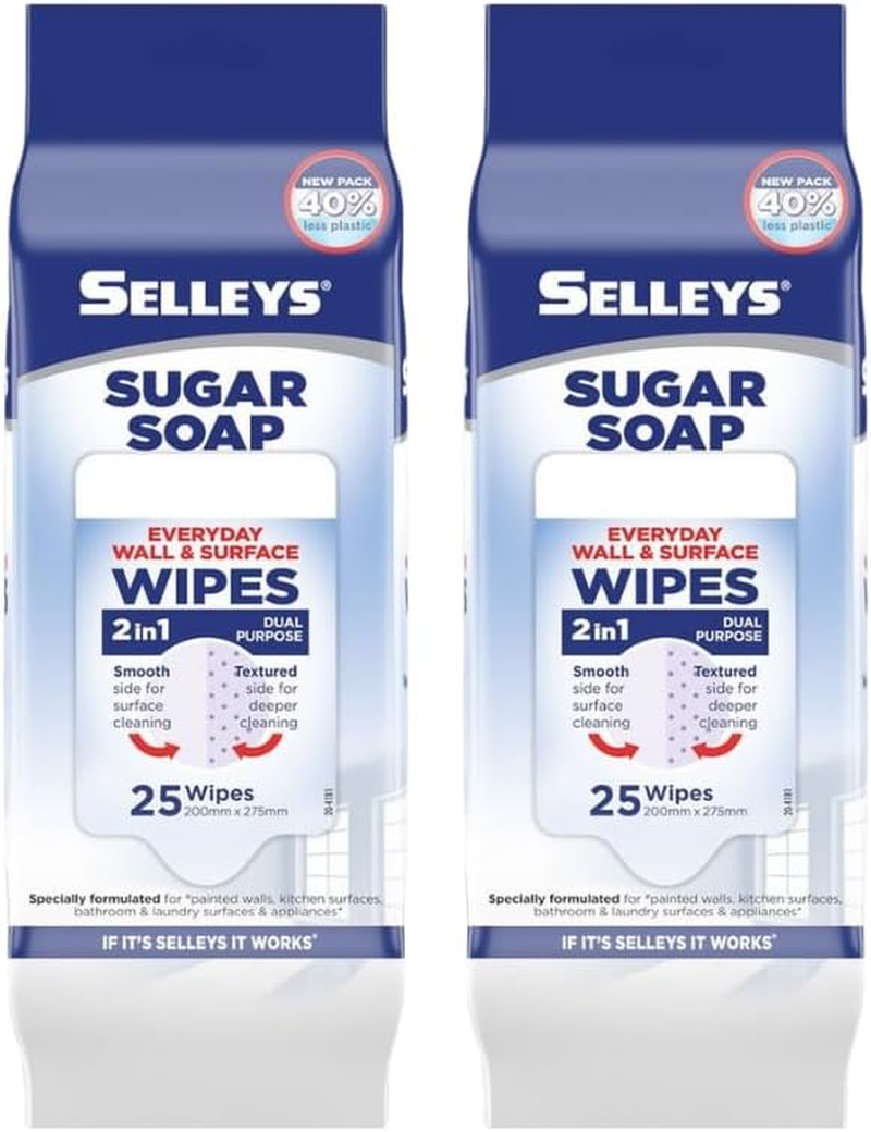 2-Pack Sugar Soap Wall & Surface Cleaning Wipes (25 Wipes Each) - Multi-Surface Cleaner for Walls, Doors, and Furniture