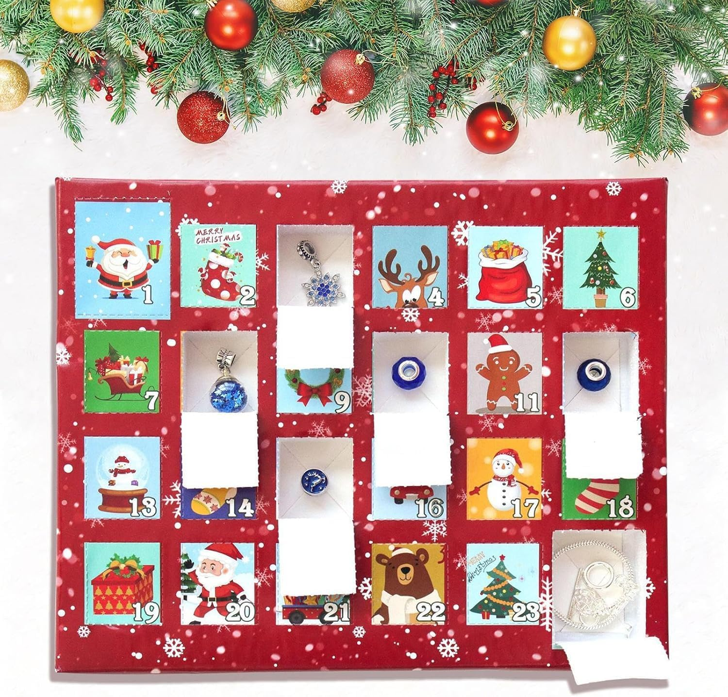 Bracelets Advent Calendar, Bracelets Advent Calendar Kit with 22 Charm and 2 Bracelets, Unique 24 Days Jewelry Christmas Countdown Calendar (Red) - Pink image number 6