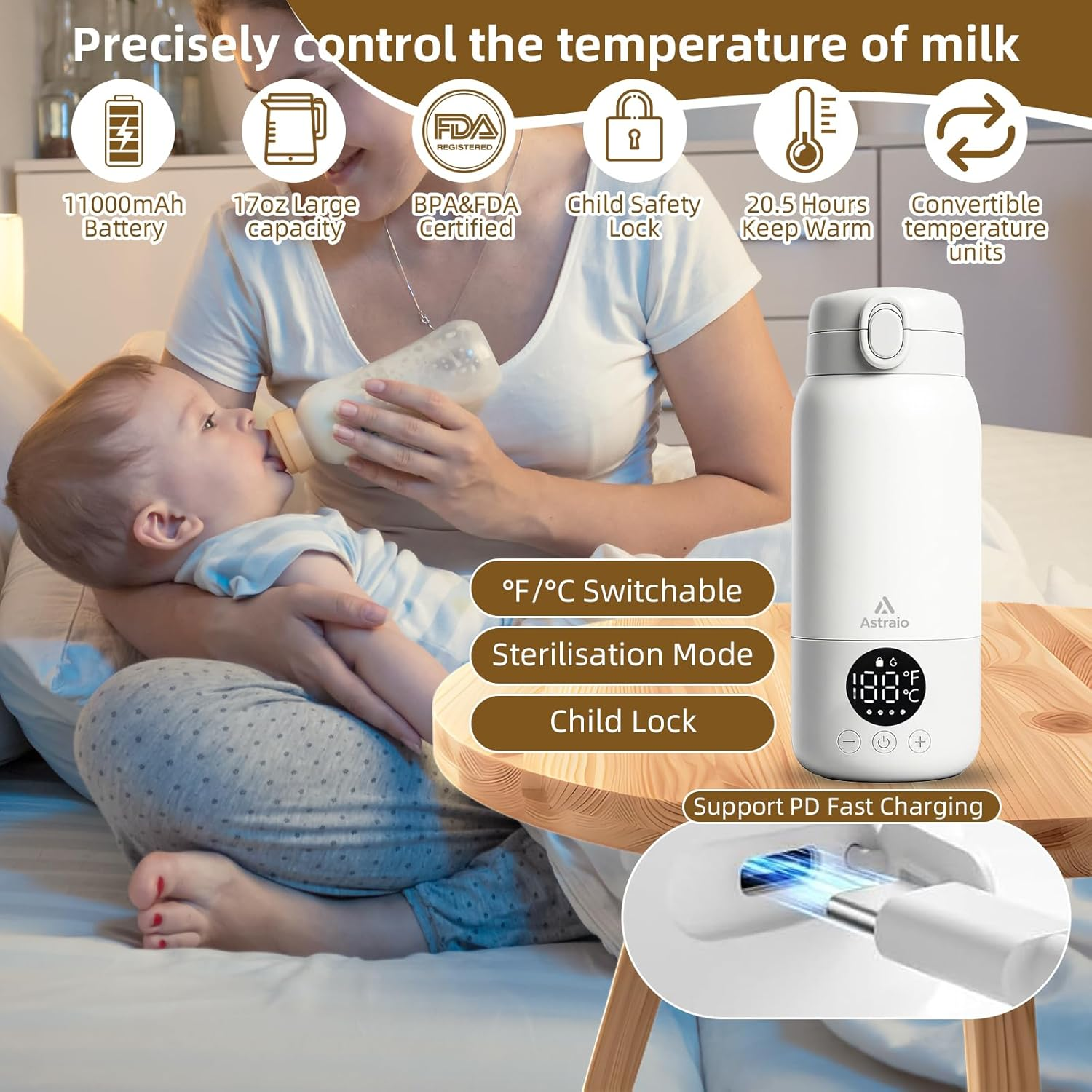 Bottle Warmer for Travel - 500ML Baby Bottle Warmer with 2-Min Heating, Precise Temp Control (98&deg;F-158&deg;F) & IPX6 Waterproof Design | Bottle Warmer On-The-Go for Car, Airplane, Outdoor image number 2