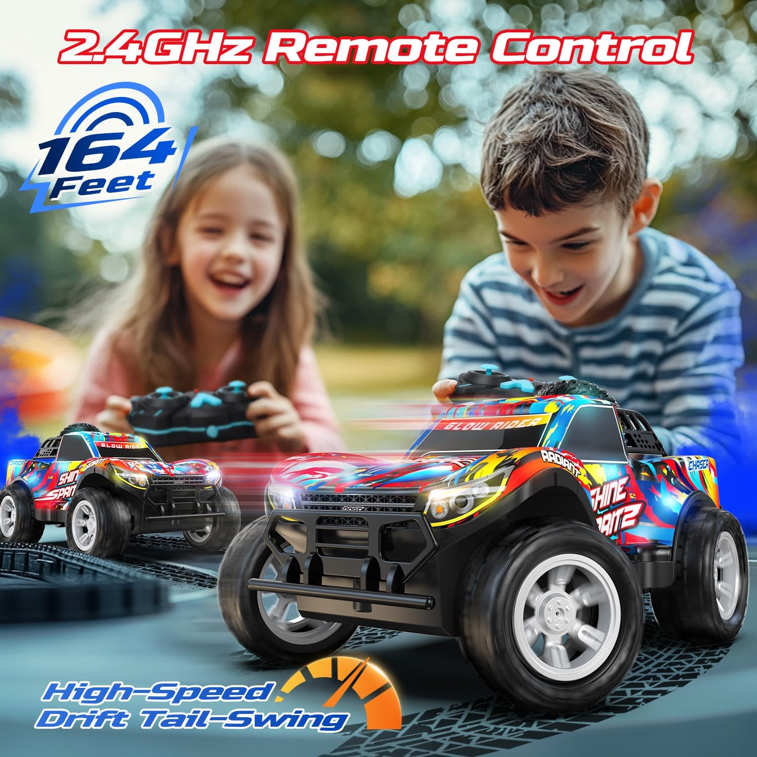 DEERC Remote Control Car for Boys & Girls Ages 4-8, Spray RC Truck with Music & Colorful LED Lights, 2.4Ghz All-Terrain Drift Vehicle, 2 Rechargeable Batteries, 40 Mins Playtime, Birthday Toy for Kids image number 3