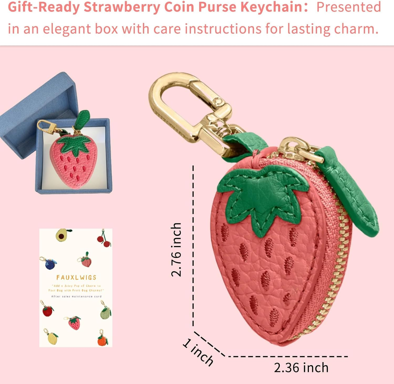 Strawberry Coin Bag with Charm, Cute Mini Purse Keyring Gift for Girls Women image number 4